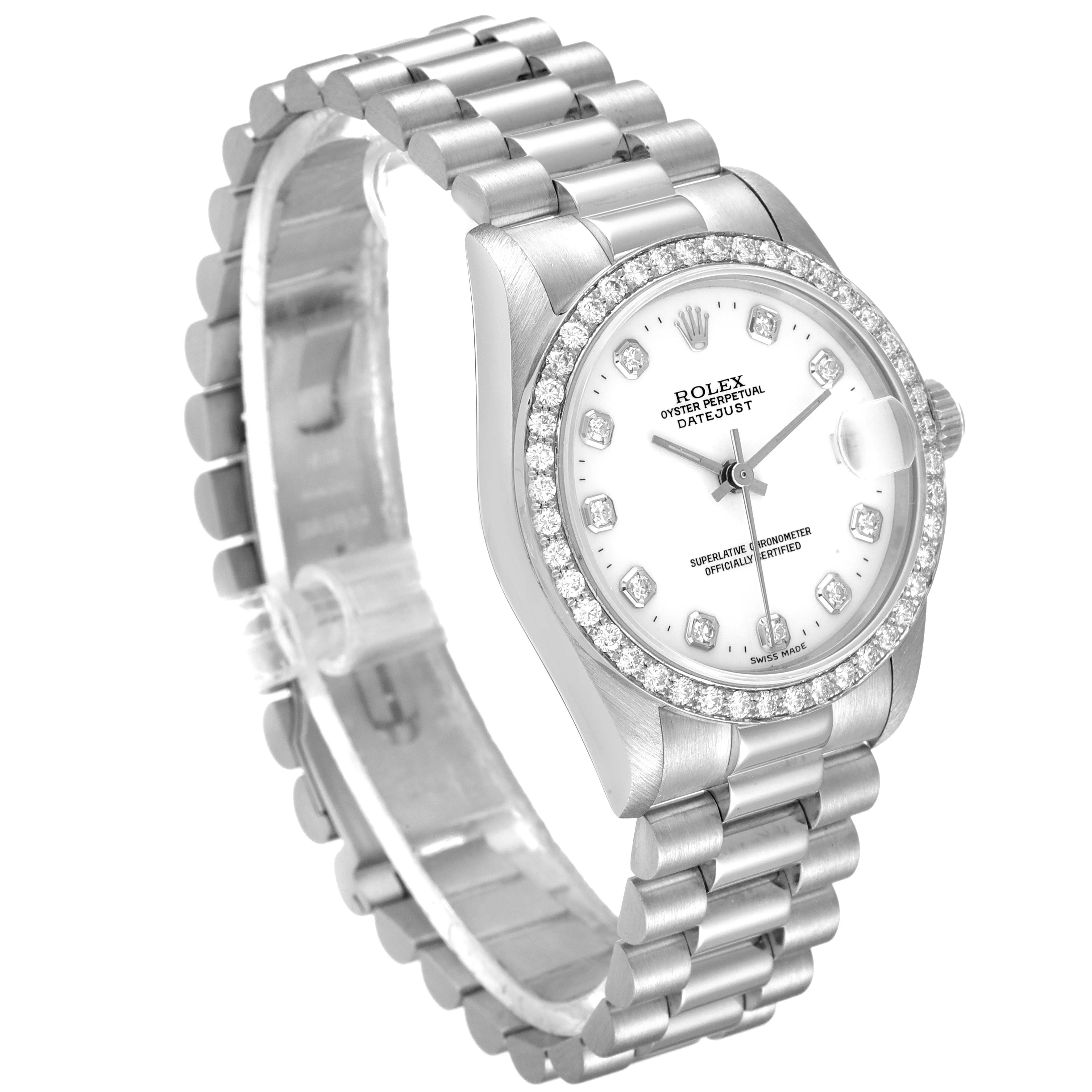 The Rolex President 68289 Women's White Gold White Dial 68289 Women's White Gold White Dial model watch is shown at an angled view, highlighting its bracelet, bezel, dial, and case.