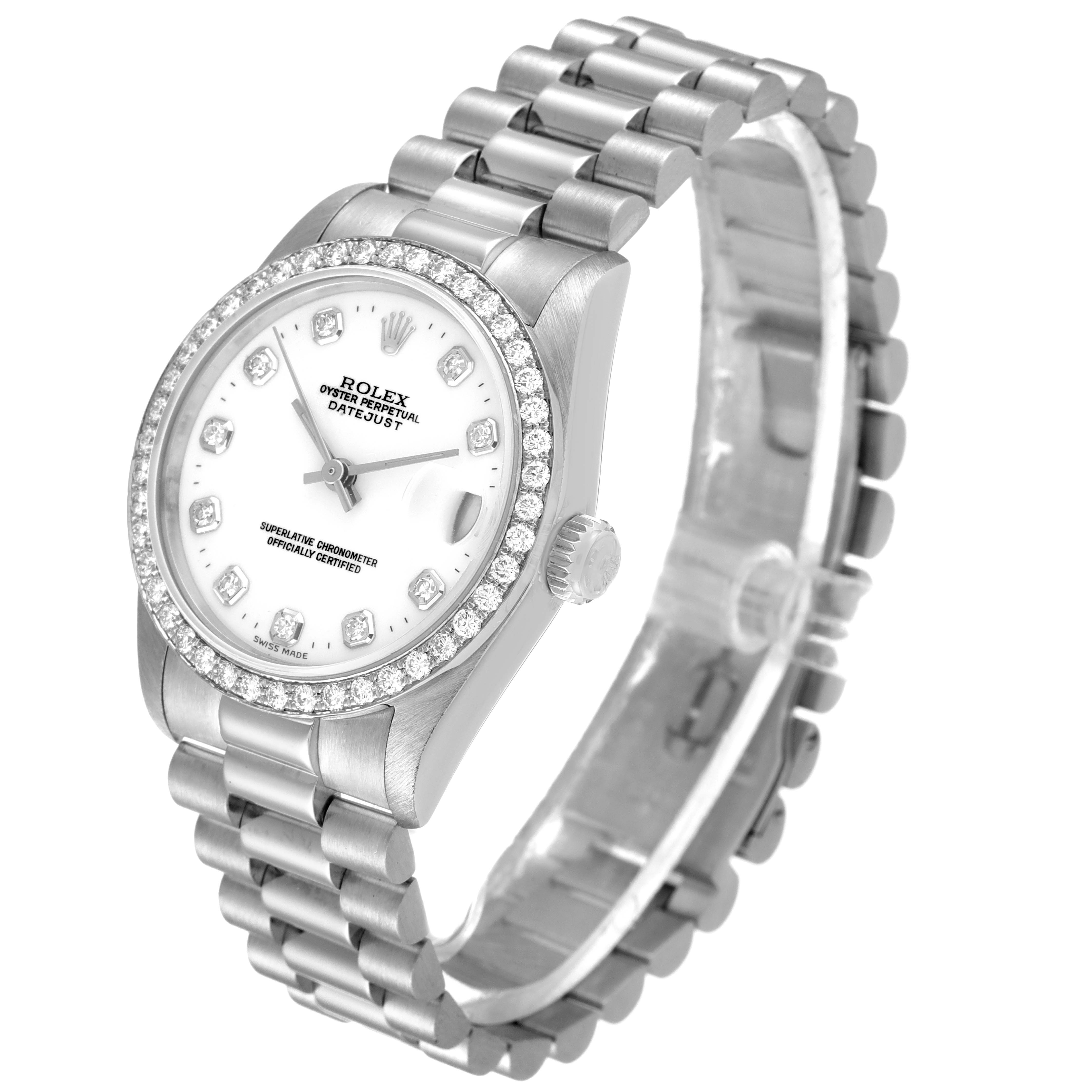 The image shows a Rolex President 68289 Women's White Gold White Dial 68289 Women's White Gold White Dial model watch at an angled view, displaying the face, bezel, and bracelet.