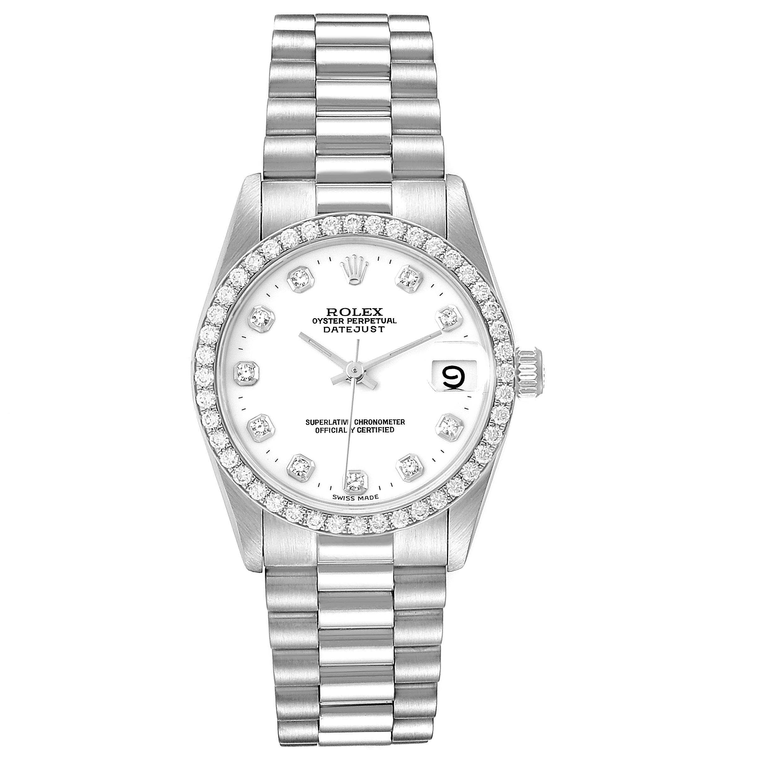 The Rolex President 68289 Women's White Gold White Dial 68289 Women's White Gold White Dial model watch is shown from a front angle, displaying its face, bezel, and bracelet.