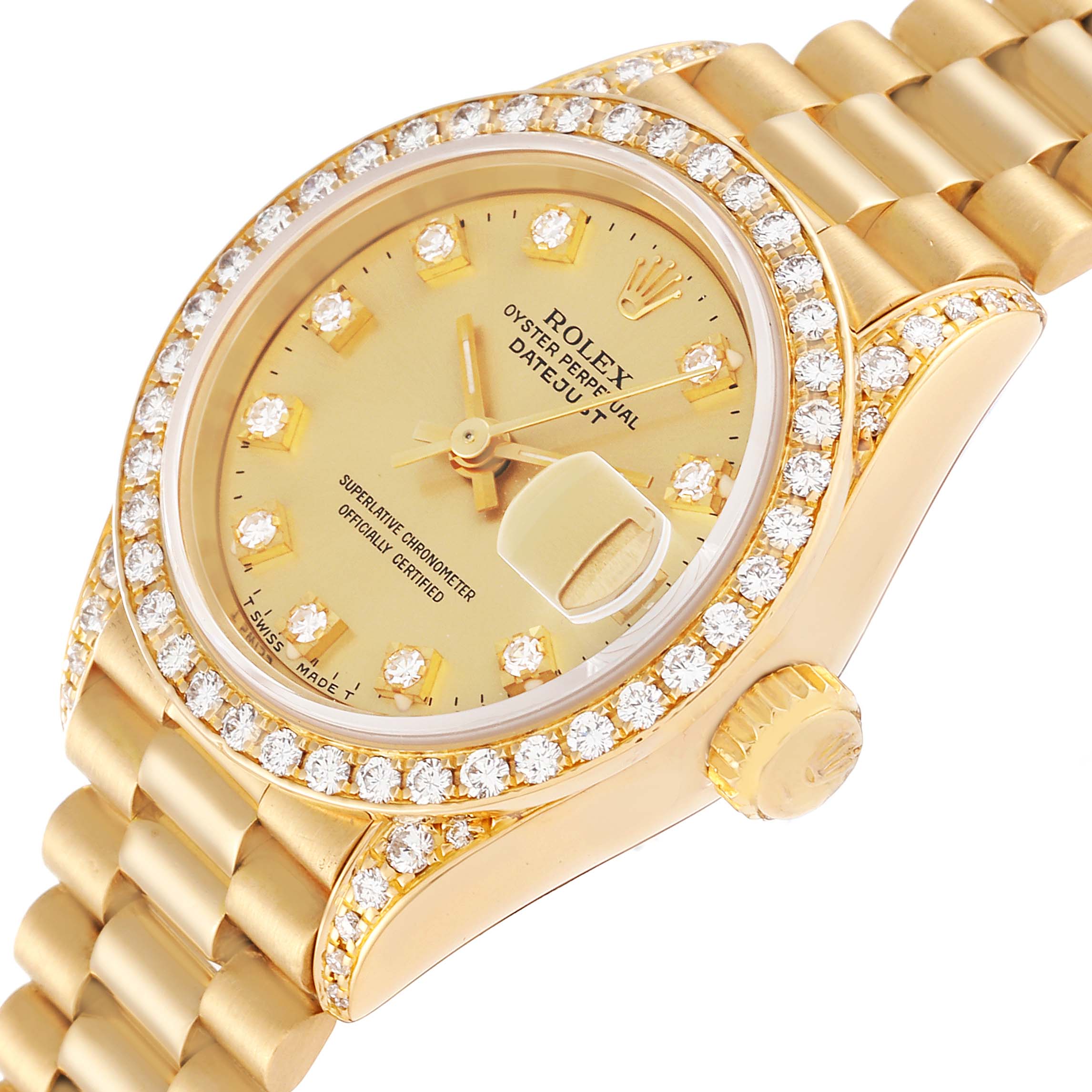 The Rolex President 69158 Women
s Yellow Gold Champagne Dial 69158 Women
s Yellow Gold Champagne Dial watch is shown at a slight angle, highlighting its bejeweled bezel, dial, and bracelet.