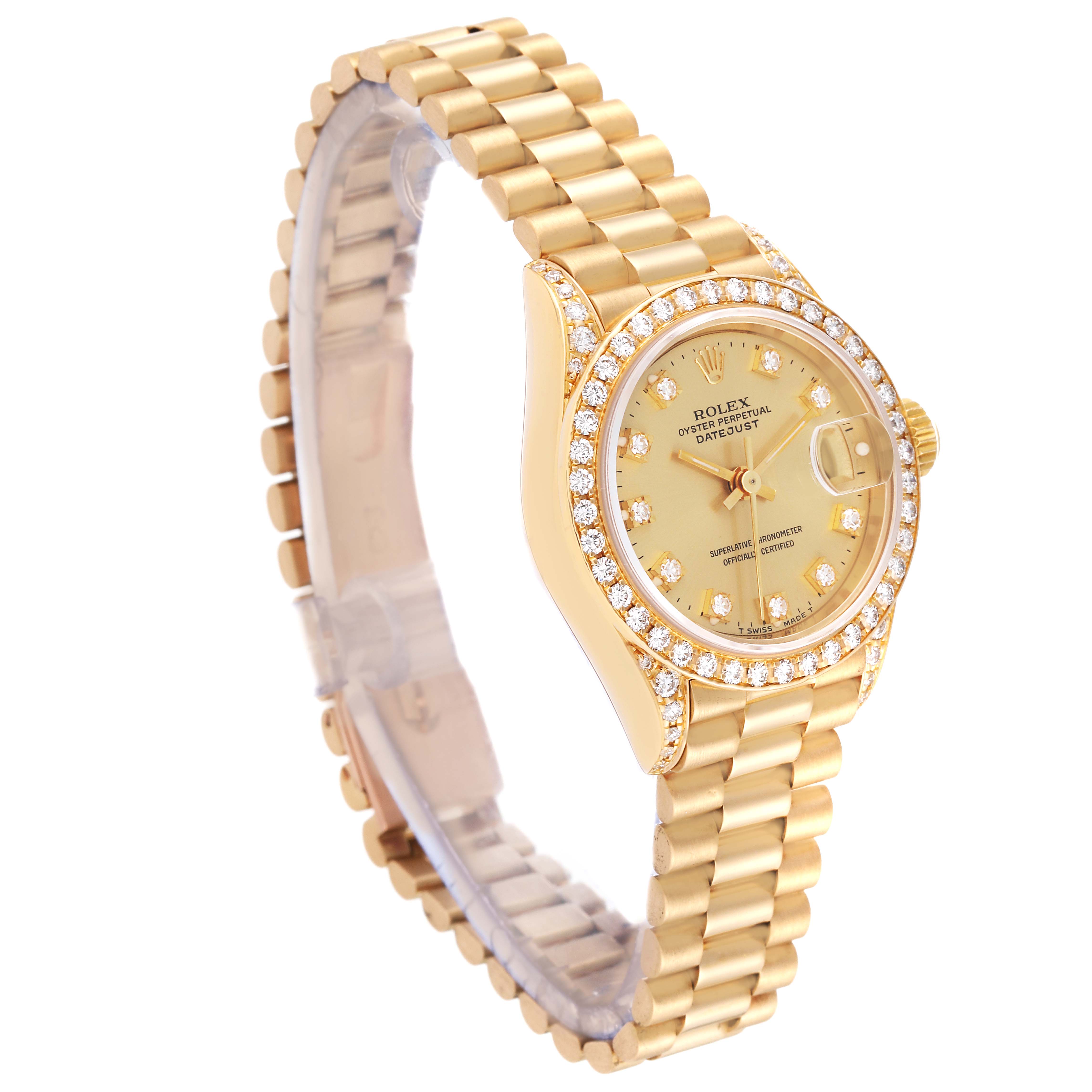 The image shows a Rolex President 69158 Women
s Yellow Gold Champagne Dial 69158 Women
s Yellow Gold Champagne Dial model watch from a side angle, highlighting its gold bracelet and diamond-encrusted bezel.