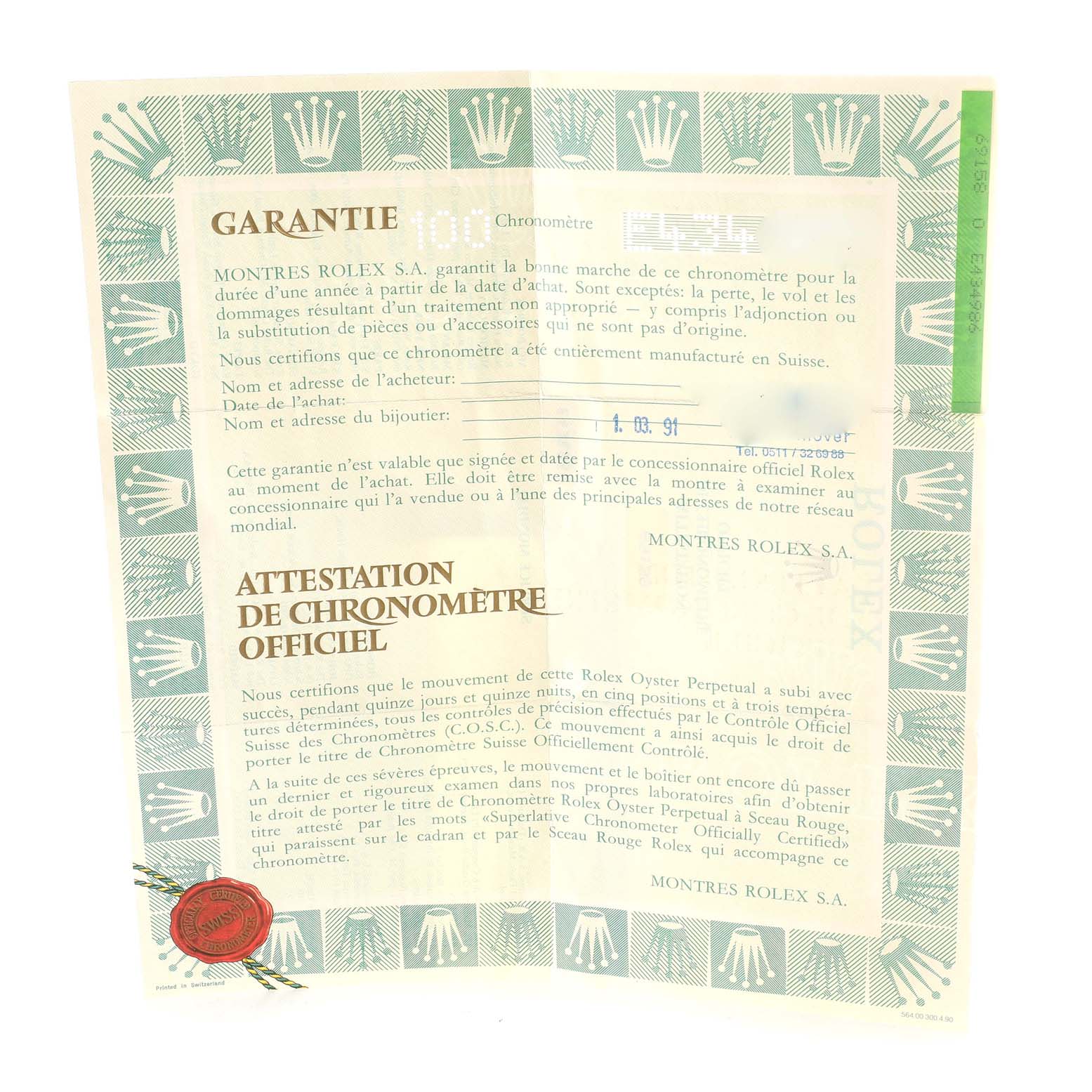 The image shows a warranty and chronometer certificate document for a Rolex President 69158 Women
s Yellow Gold Champagne Dial 69158 Women
s Yellow Gold Champagne Dial model watch.