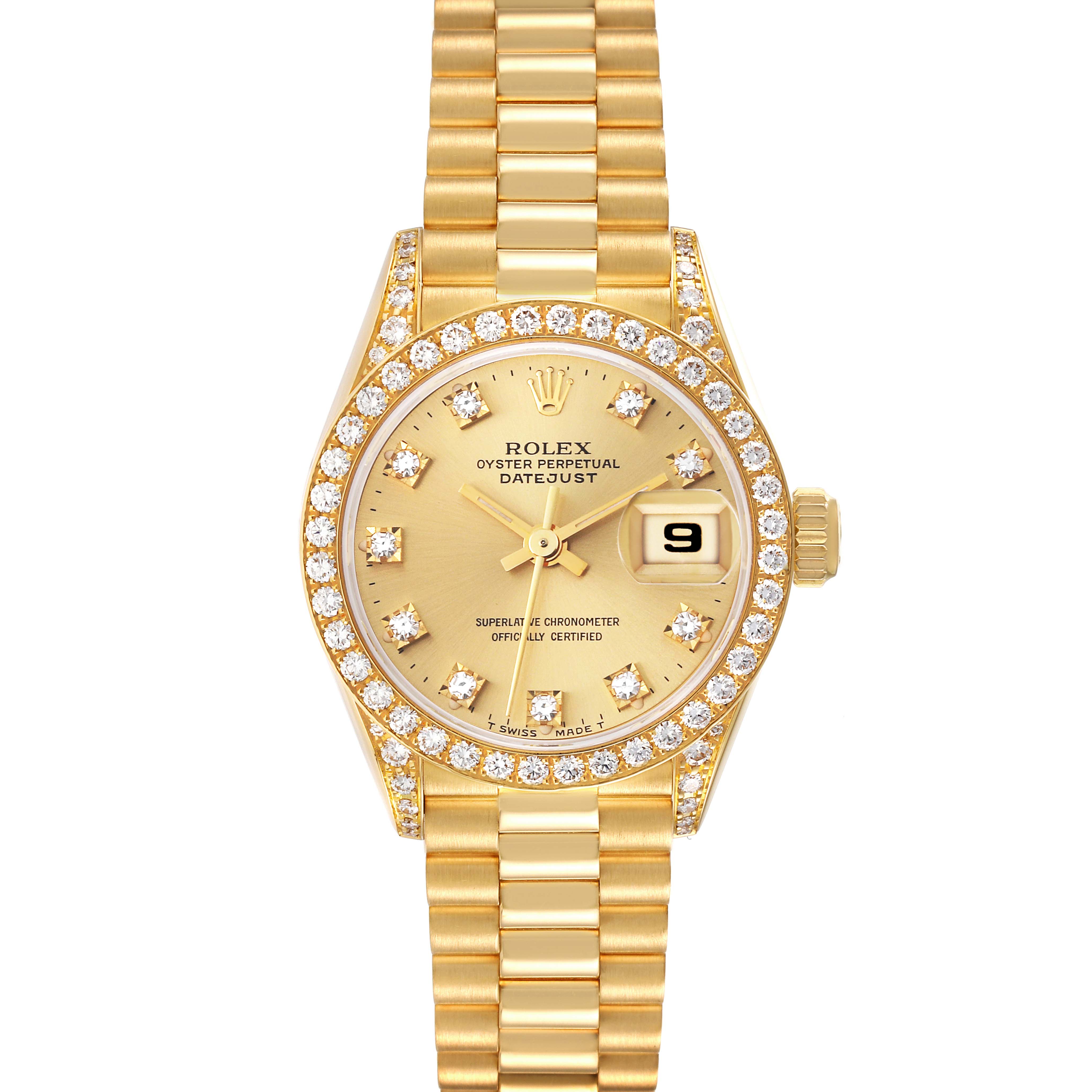 The Rolex President 69158 Women
s Yellow Gold Champagne Dial 69158 Women
s Yellow Gold Champagne Dial model watch shown is viewed from the front, displaying the dial, bezel, and bracelet.