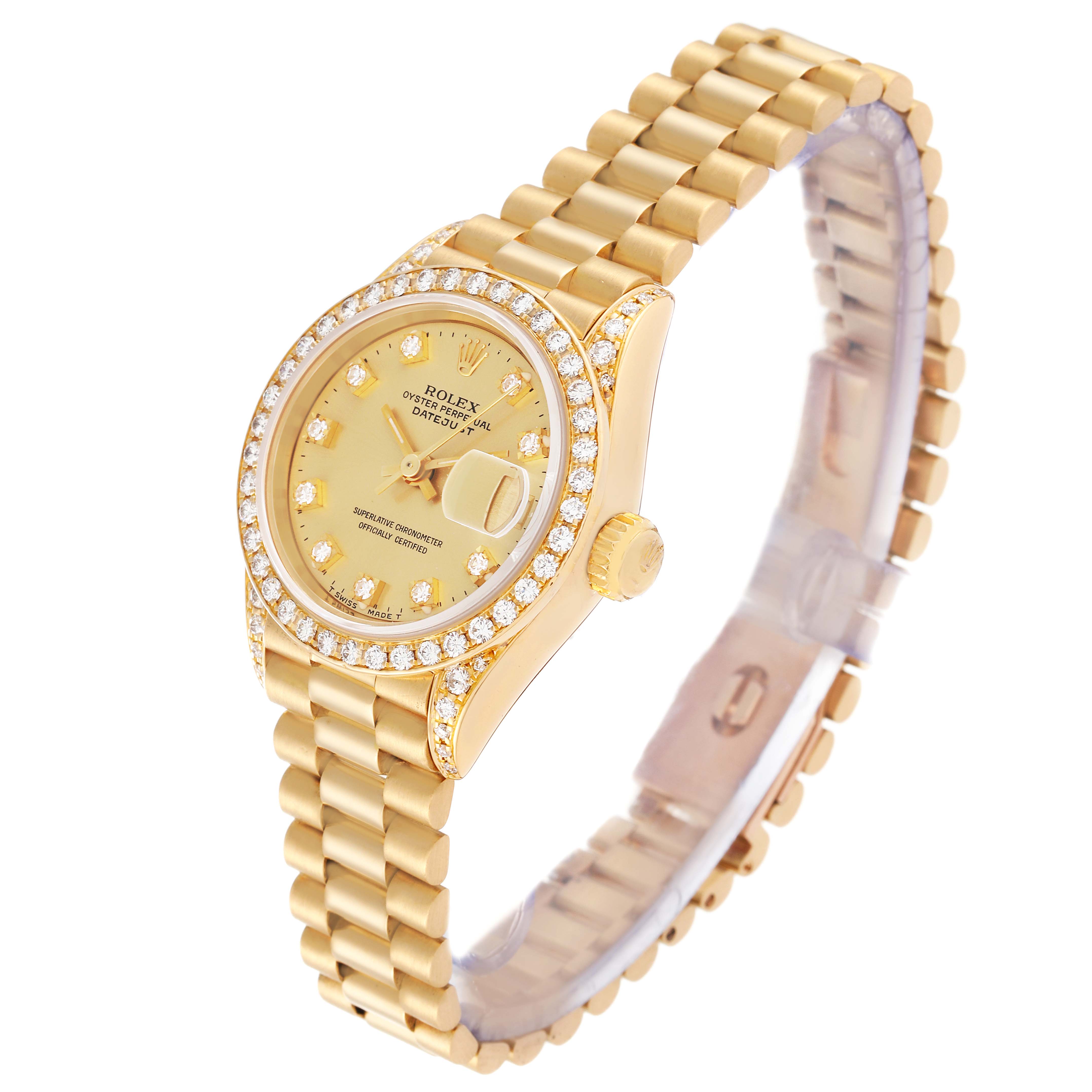 The photo shows a Rolex President 69158 Women
s Yellow Gold Champagne Dial 69158 Women
s Yellow Gold Champagne Dial model watch at an oblique angle, highlighting the gold bracelet, bezel, and dial with diamond markers.