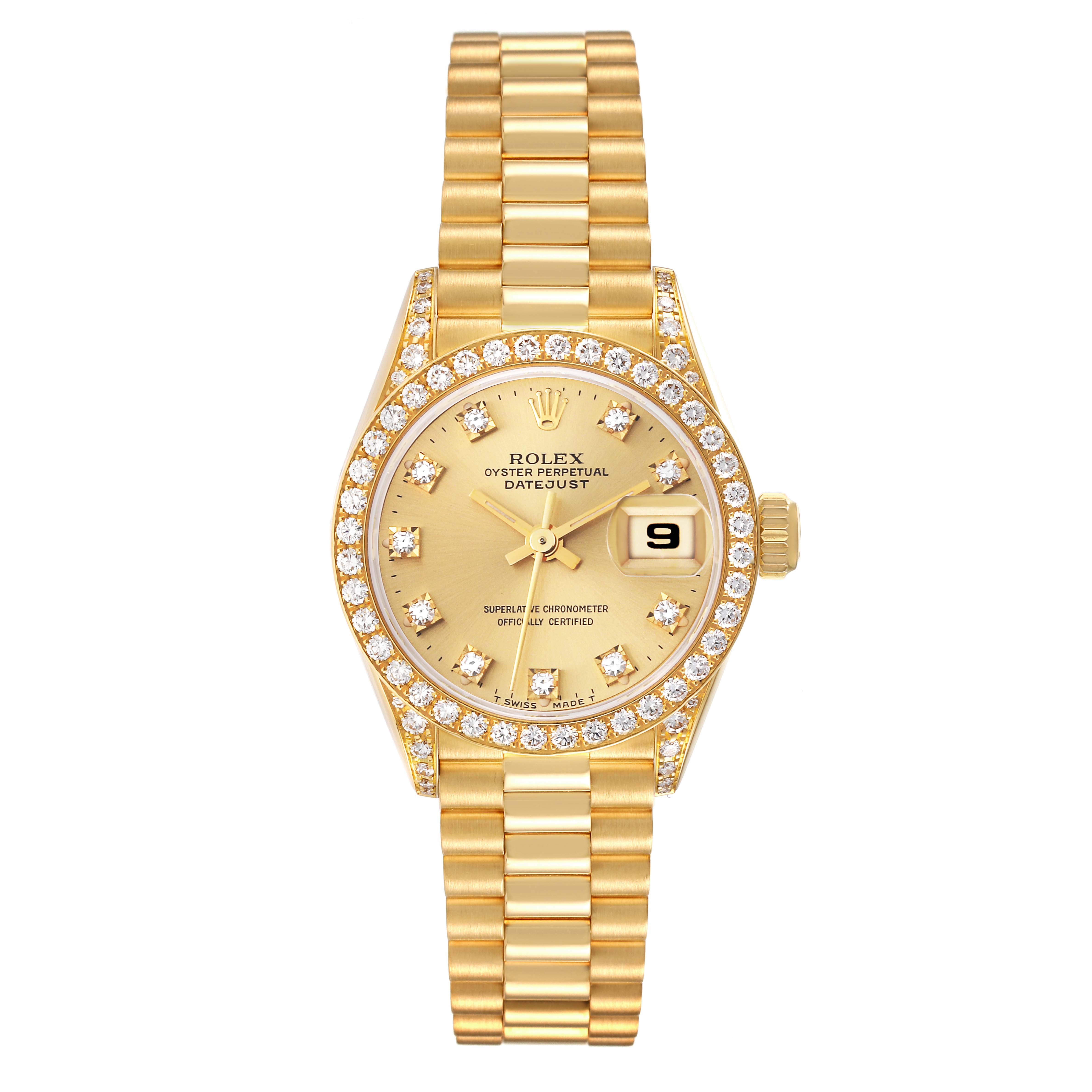 This is a frontal view of a Rolex President 69158 Women
s Yellow Gold Champagne Dial 69158 Women
s Yellow Gold Champagne Dial model, showcasing its gold band, diamond bezel, and date window.