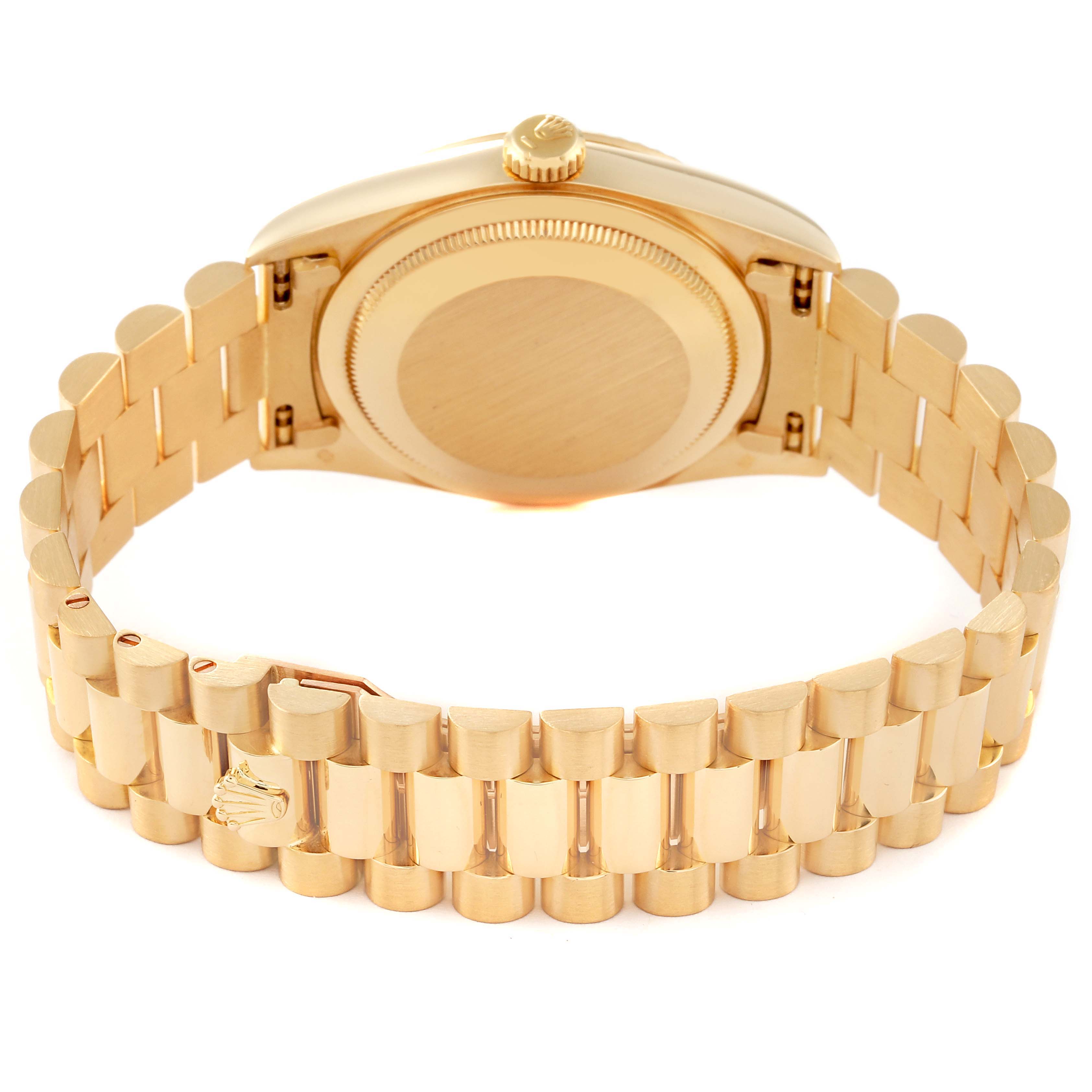 The image shows the back case and bracelet of a Rolex President 18238 Men
s Yellow Gold Champagne Dial 18238 Men
s Yellow Gold Champagne Dial model watch.