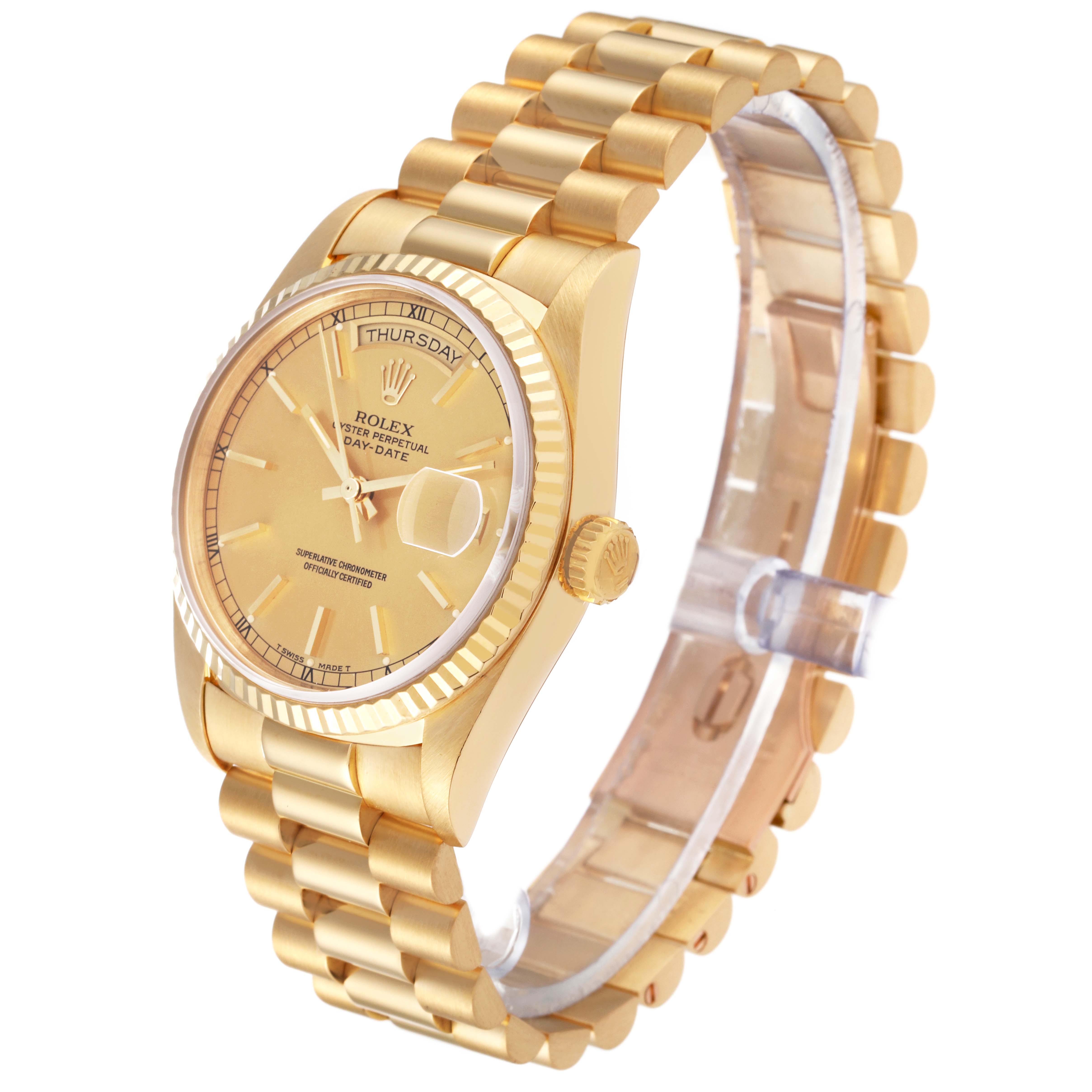 This image shows a Rolex President 18238 Men
s Yellow Gold Champagne Dial 18238 Men
s Yellow Gold Champagne Dial model watch from a slight angled side view, highlighting the case, dial, bracelet, and crown.