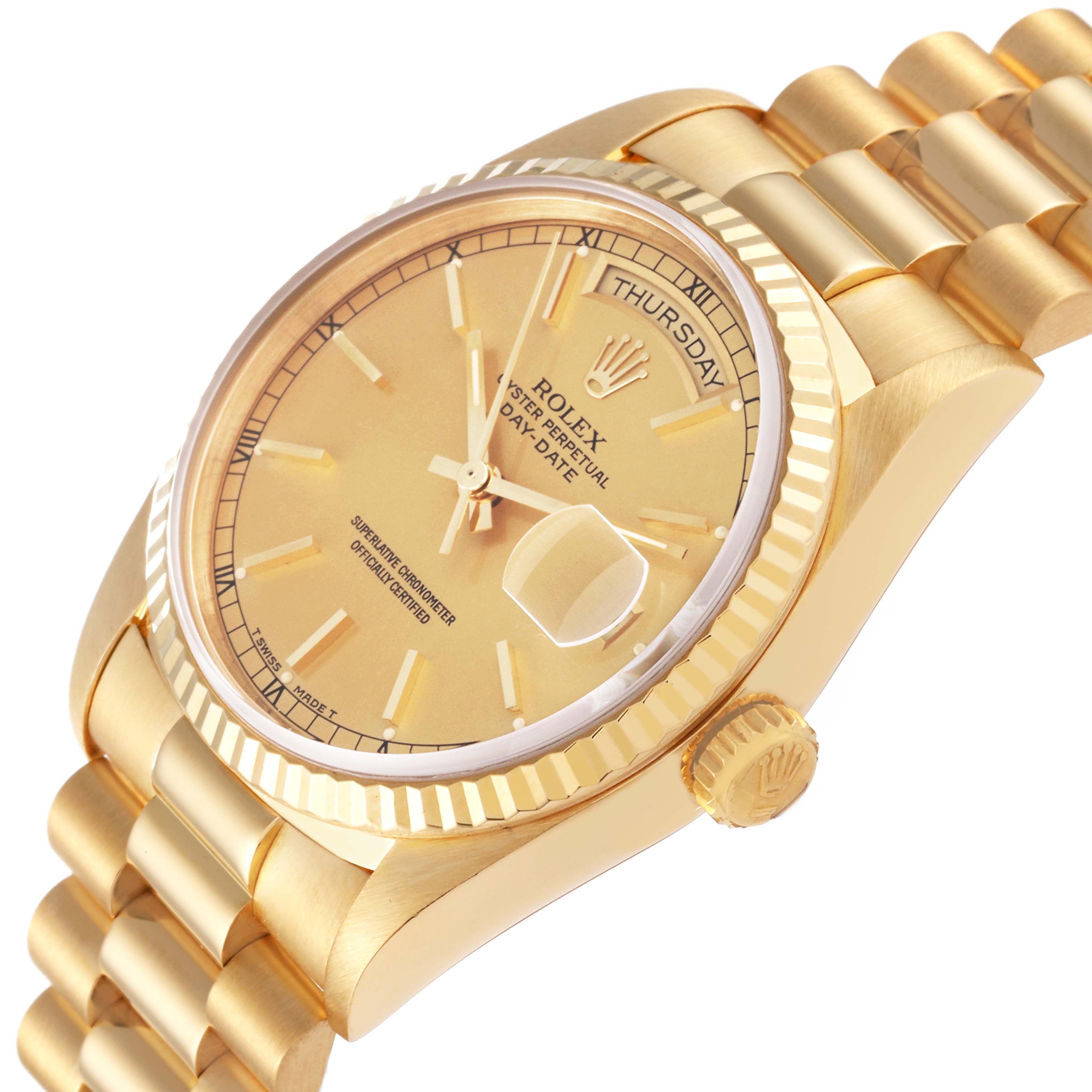 This image shows the Rolex President 18238 Men
s Yellow Gold Champagne Dial 18238 Men
s Yellow Gold Champagne Dial model from a side angle, highlighting its face, bezel, bracelet, and crown.