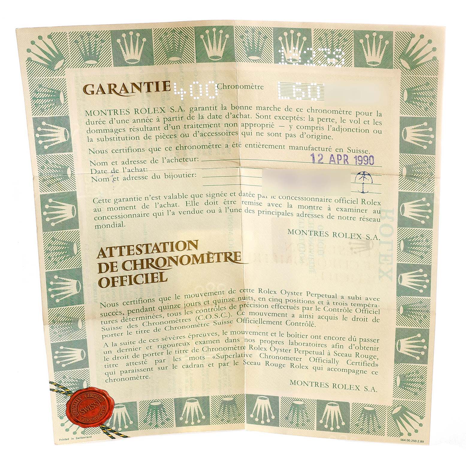 This image shows a warranty and certification document for the Rolex President 18238 Men
s Yellow Gold Champagne Dial 18238 Men
s Yellow Gold Champagne Dial model watch, dated April 12, 1990.