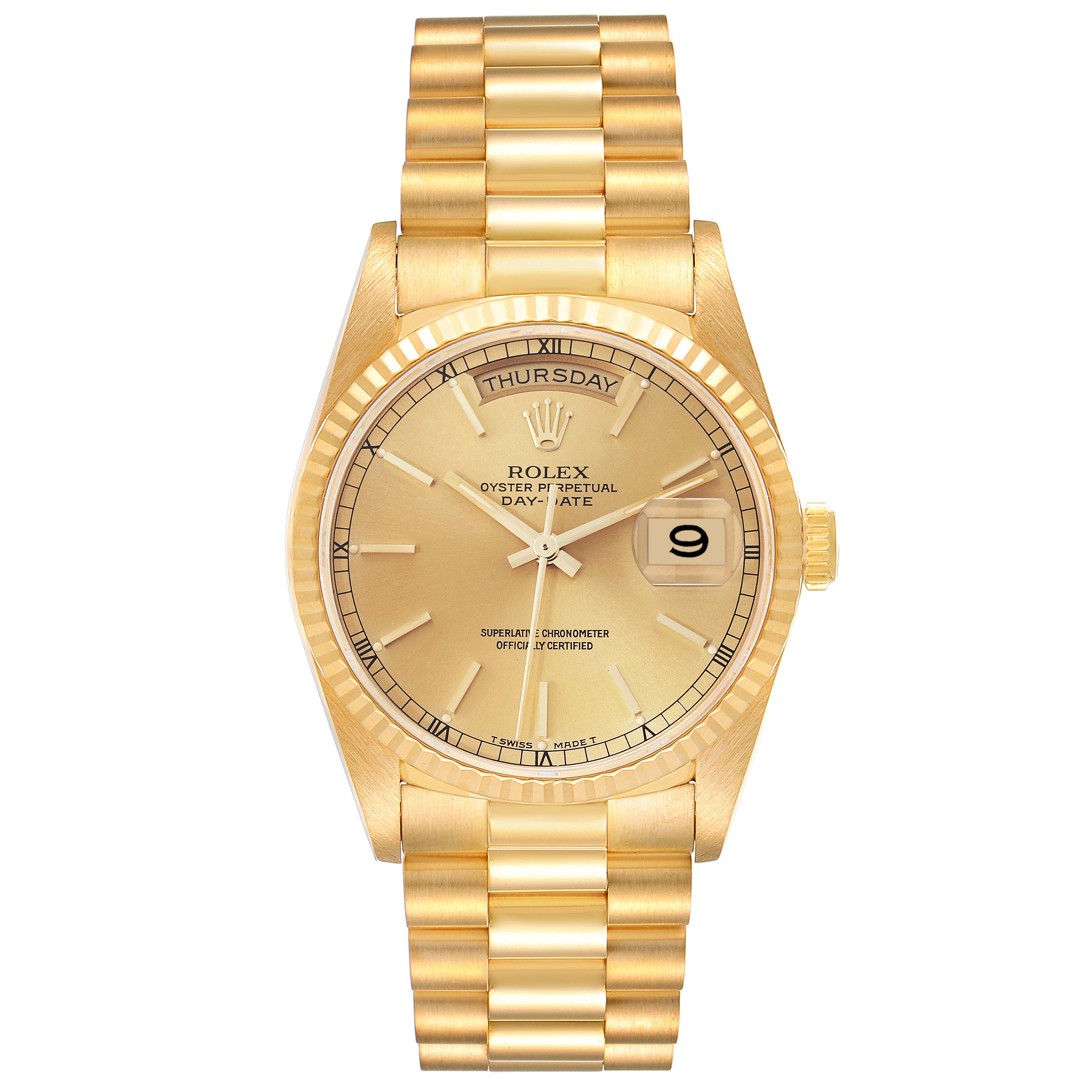 This image shows a Rolex President 18238 Men
s Yellow Gold Champagne Dial 18238 Men
s Yellow Gold Champagne Dial model watch from a front angle, highlighting the dial, bracelet, and date window.