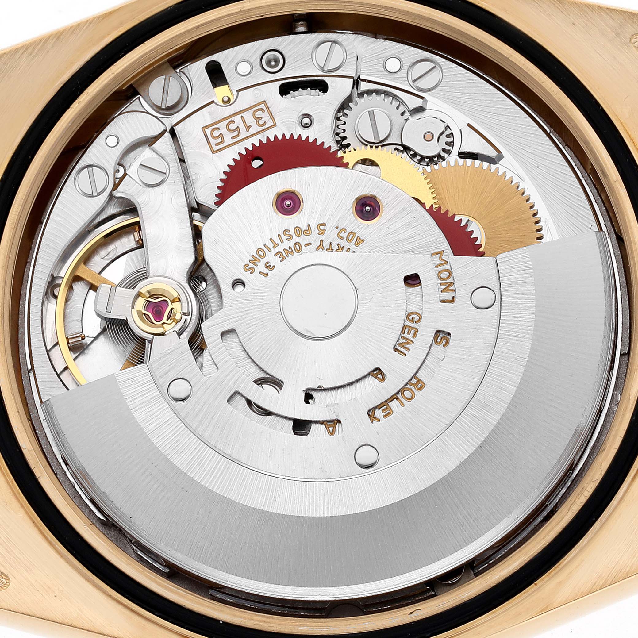 This image shows the inner mechanical components of a Rolex President 18238 Men
s Yellow Gold Champagne Dial 18238 Men
s Yellow Gold Champagne Dial model watch, viewed from the case back angle.