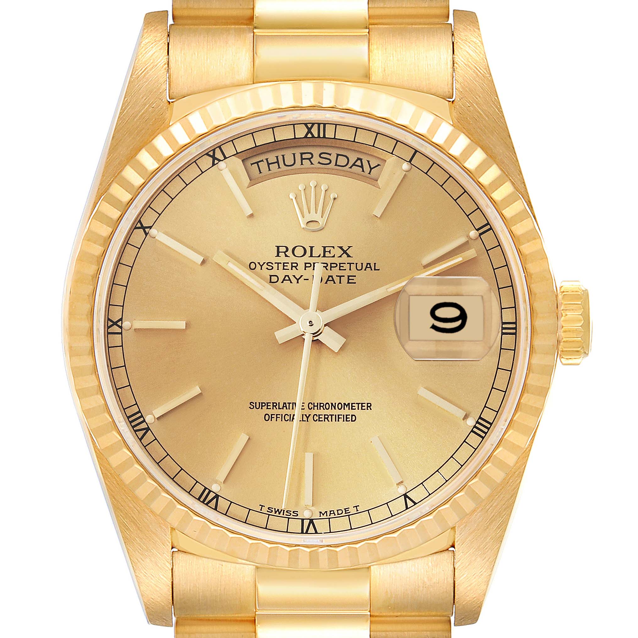The image shows a front view of the Rolex President 18238 Men
s Yellow Gold Champagne Dial 18238 Men
s Yellow Gold Champagne Dial model watch, highlighting the dial, day and date windows, and fluted bezel.