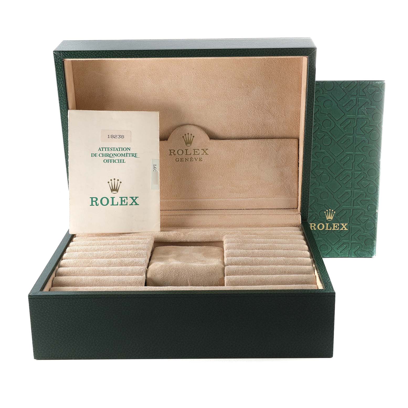 This image shows the open box of a Rolex President 18238 Men
s Yellow Gold Champagne Dial 18238 Men
s Yellow Gold Champagne Dial model watch, alongside its documentation.