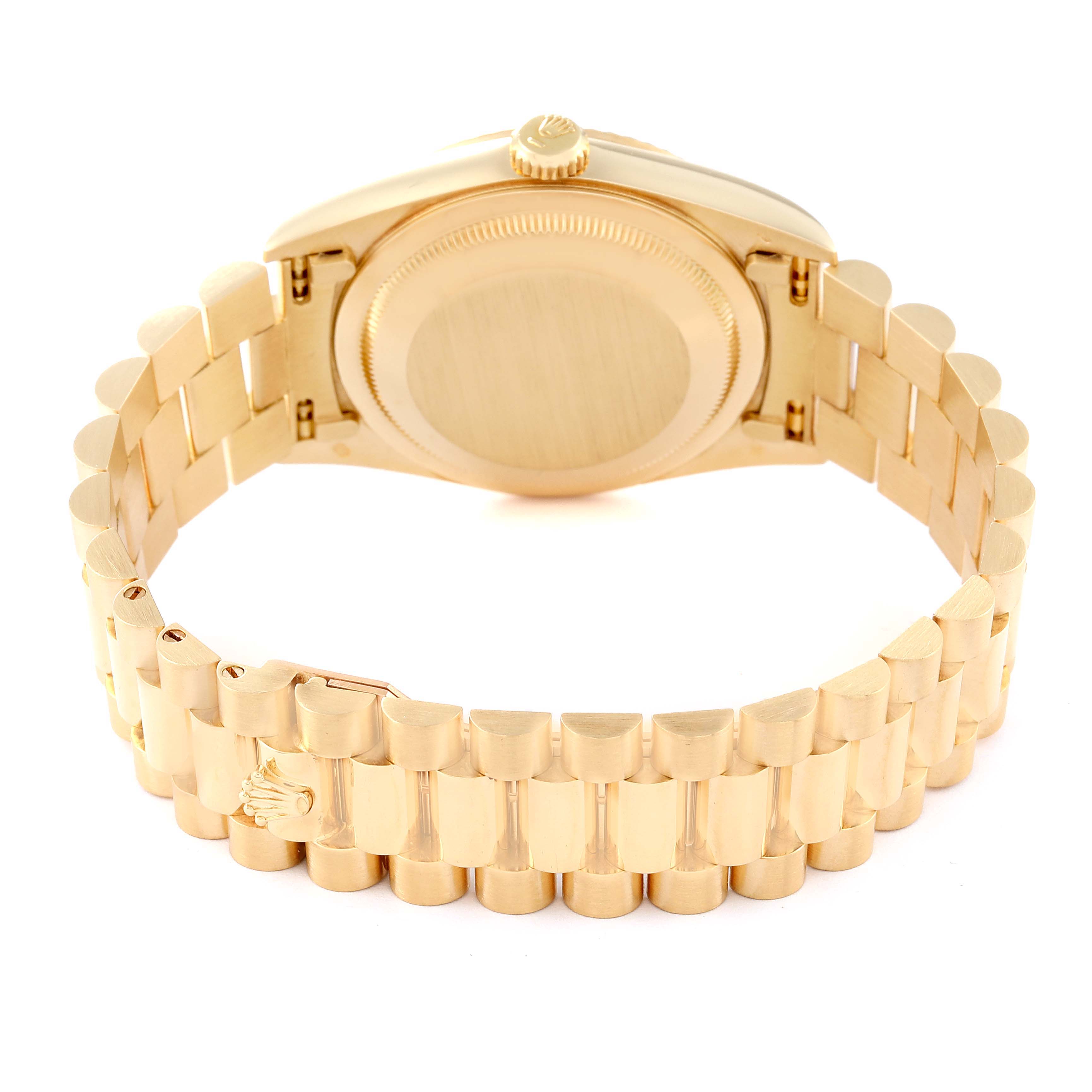 This image shows the back and bracelet of a Rolex President 18238 Men
s Yellow Gold Champagne Dial 18238 Men
s Yellow Gold Champagne Dial model watch from a rear angle.