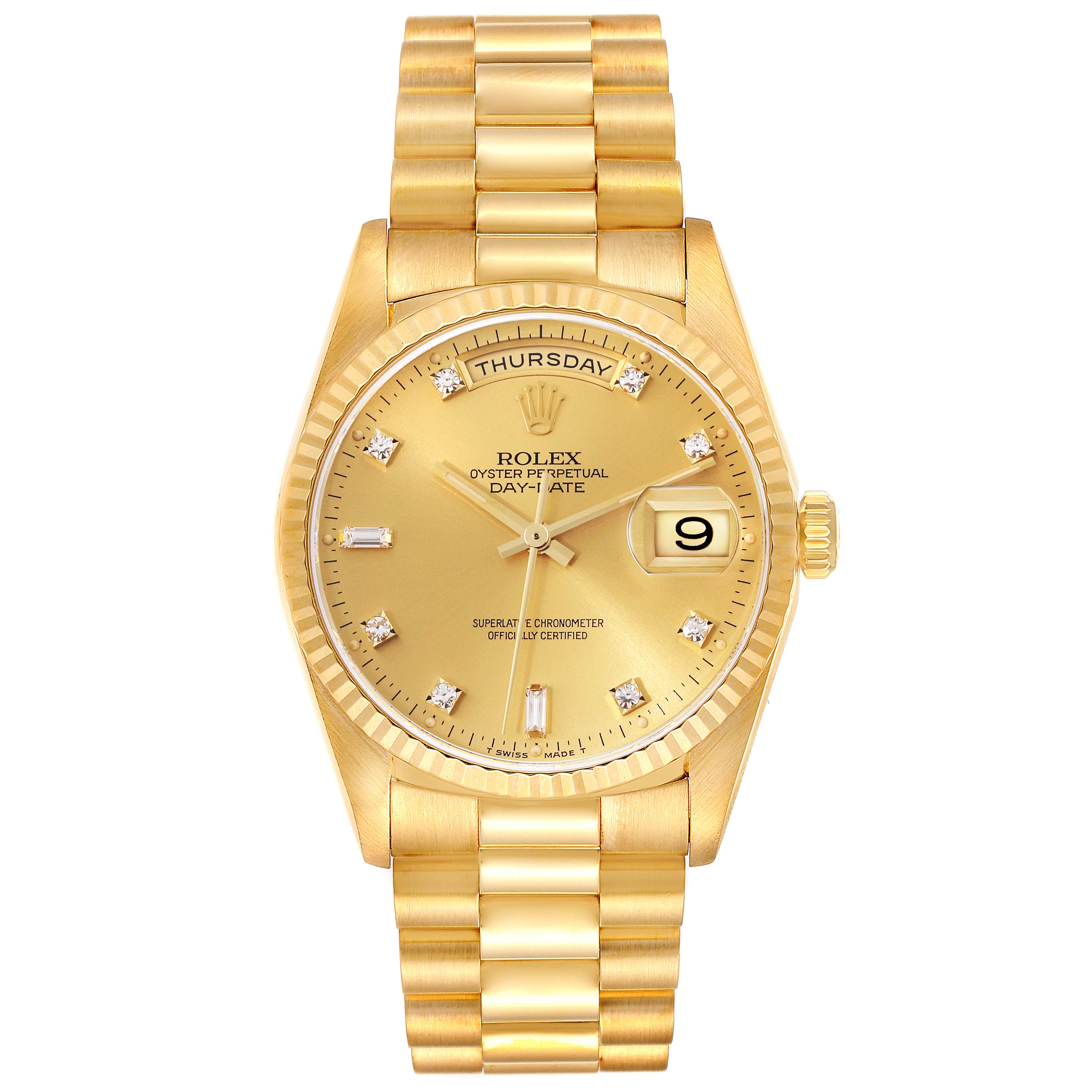 The Rolex President 18238 Men
s Yellow Gold Champagne Dial 18238 Men
s Yellow Gold Champagne Dial model watch is shown from a top-down angle, highlighting its face, band, and bezel.