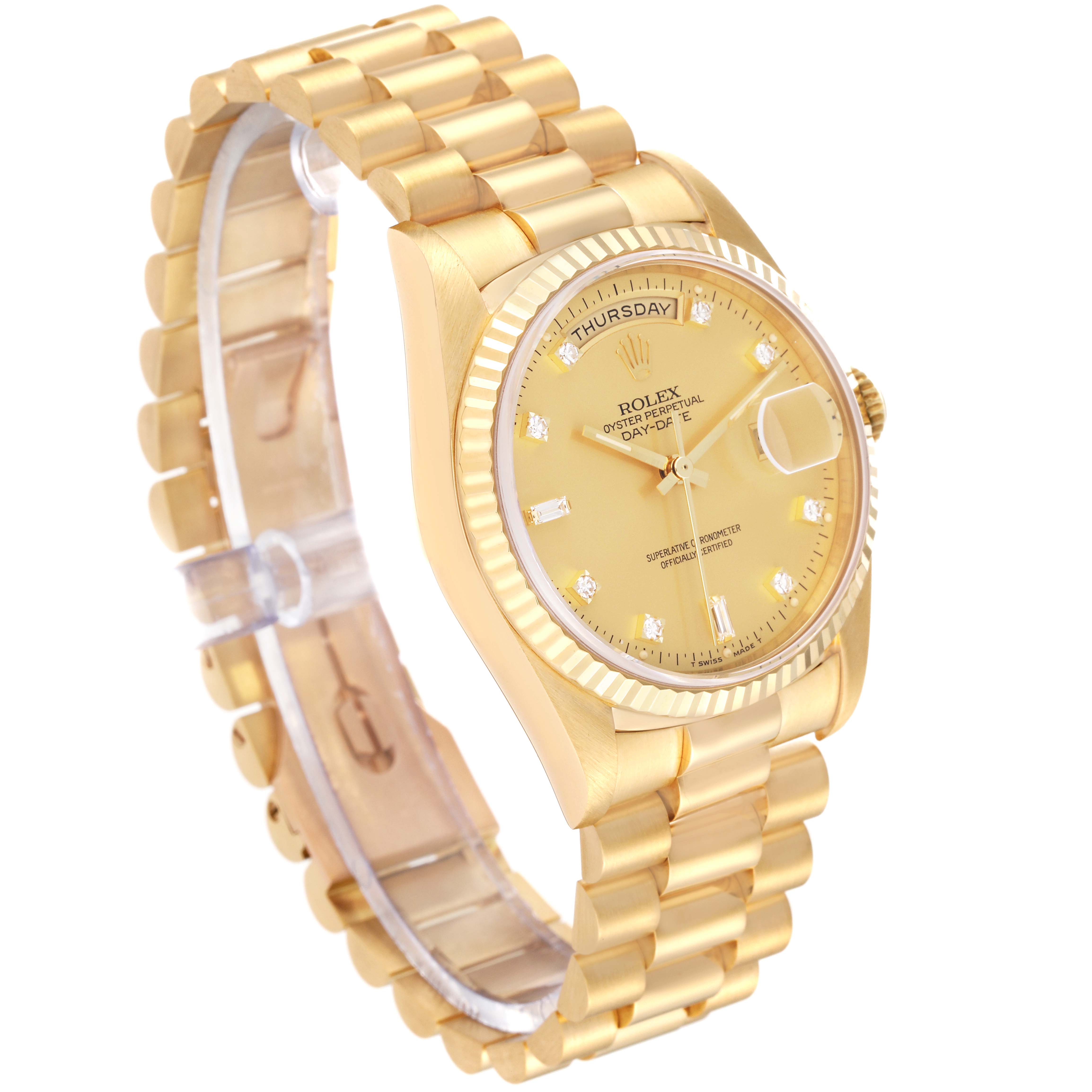 The image shows a Rolex President 18238 Men
s Yellow Gold Champagne Dial 18238 Men
s Yellow Gold Champagne Dial model watch from a diagonal angle, highlighting the dial, bracelet, and crown.