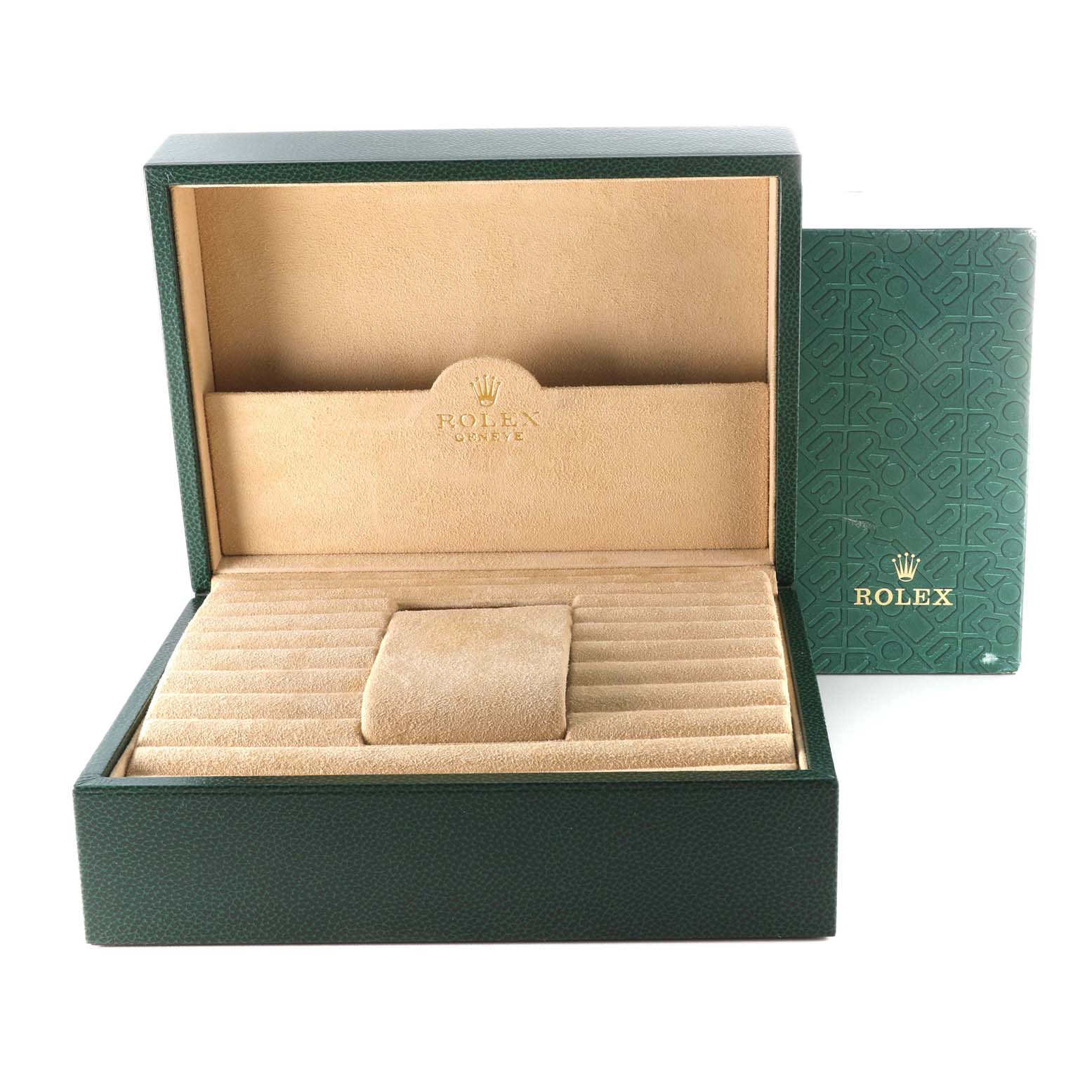 The image shows the interior and packaging of a Rolex President 18238 Men
s Yellow Gold Champagne Dial 18238 Men
s Yellow Gold Champagne Dial model watch box with beige lining and green exterior.