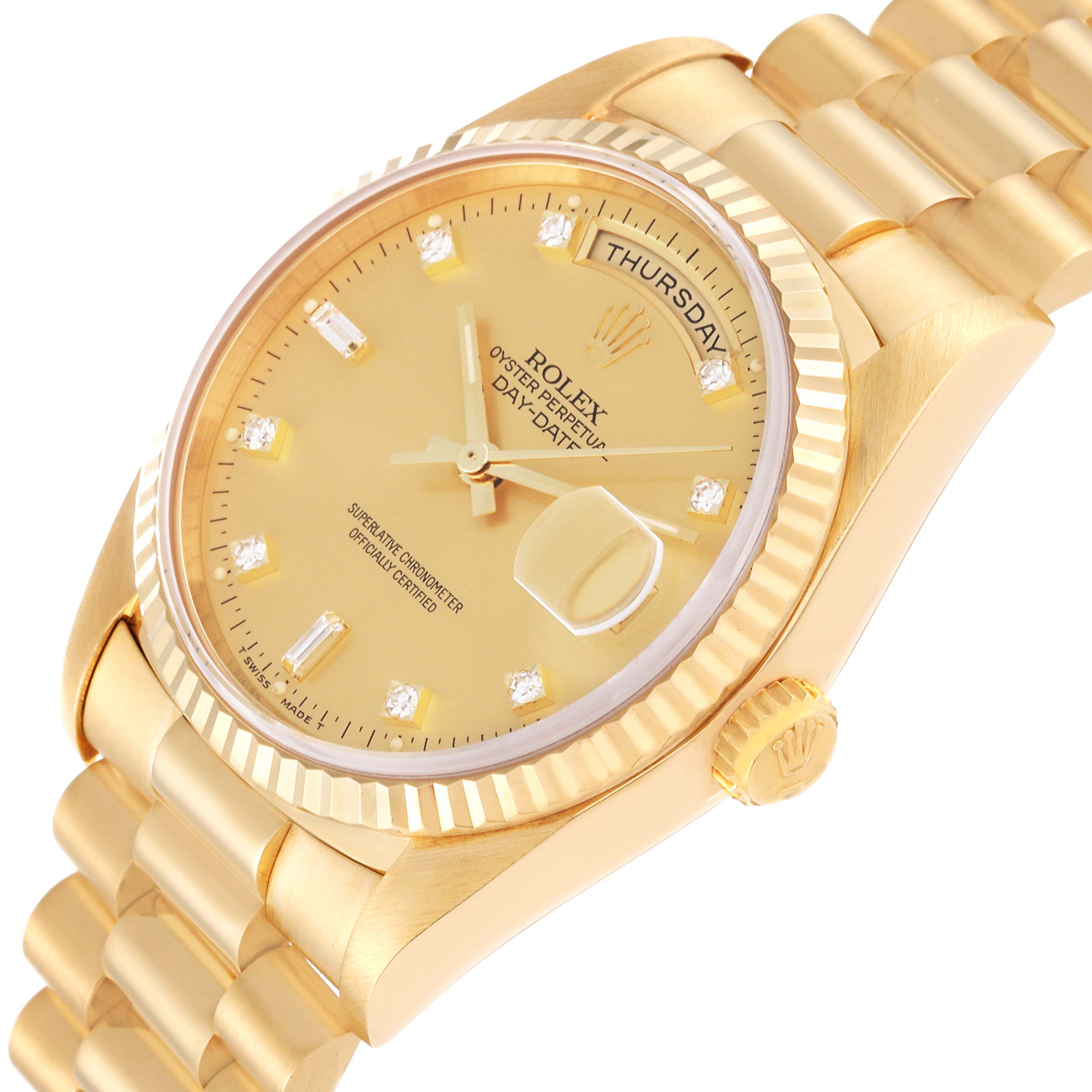 This image shows a Rolex President 18238 Men
s Yellow Gold Champagne Dial 18238 Men
s Yellow Gold Champagne Dial model watch at a tilted angle, highlighting its gold case, diamond markers, and day-date window.