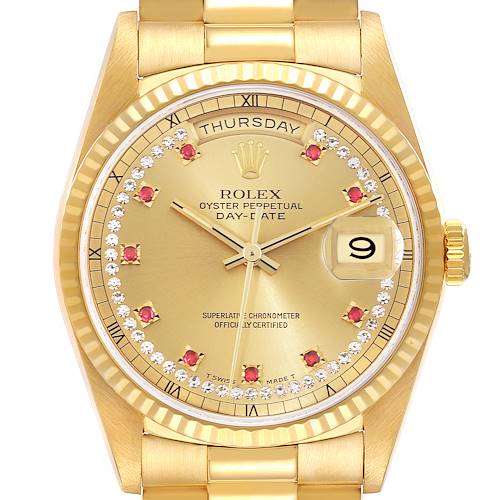 Photo of Rolex President Day-Date Yellow Gold String Diamond Ruby Dial Mens Watch 18238