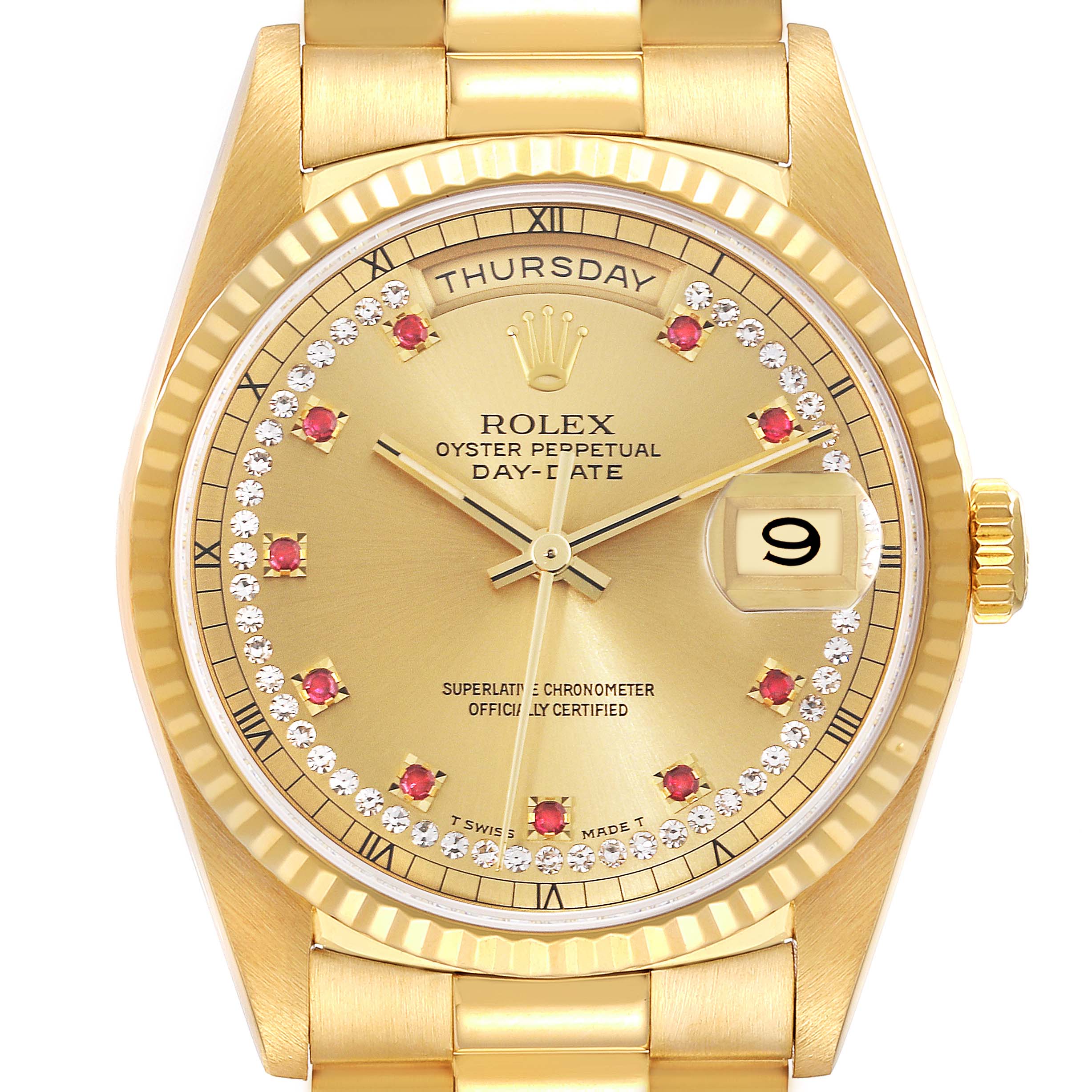 The image shows a Rolex President 18238LR Men's Yellow Gold Champagne Dial 18238LR Men's Yellow Gold Champagne Dial Model Day-Date watch from a front angle, highlighting the dial, bezel, and part of the bracelet.