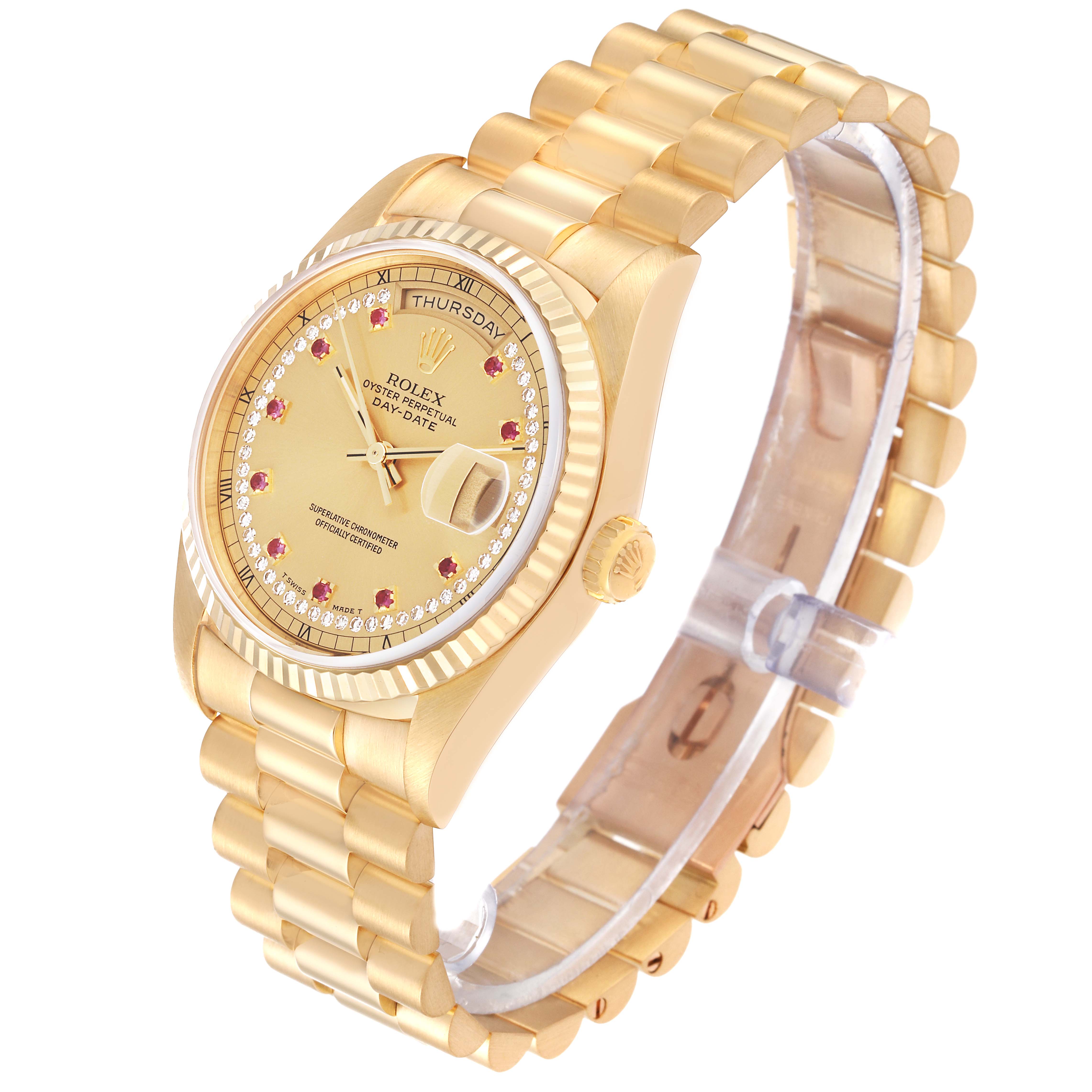 This Rolex President 18238LR Men's Yellow Gold Champagne Dial 18238LR Men's Yellow Gold Champagne Dial model watch is shown at a three-quarter angle, displaying its face, bezel, and bracelet.