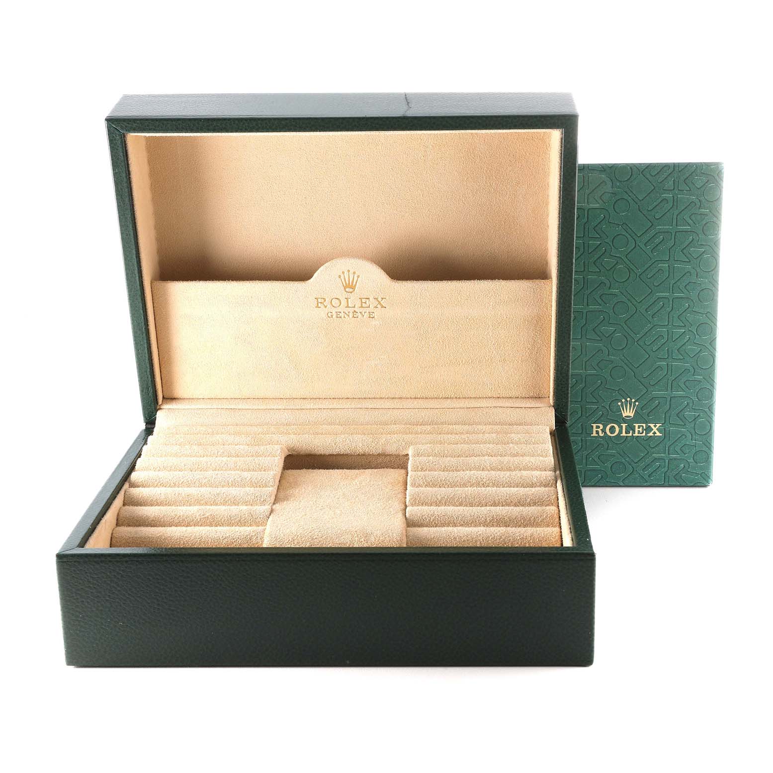 The image shows an open Rolex box for a President model watch, featuring a beige interior with padded compartments.