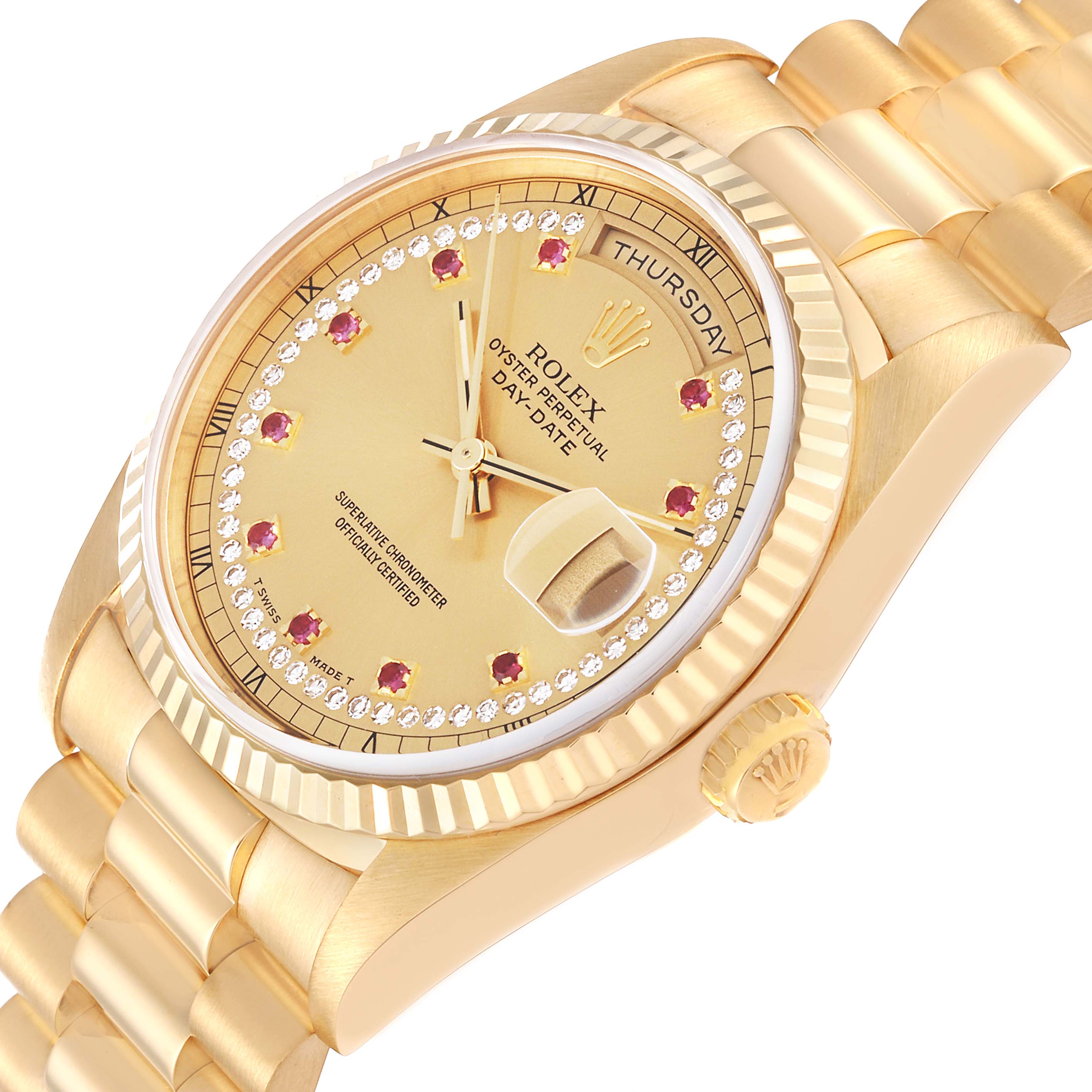 The image shows a close-up view of the Rolex President 18238LR Men's Yellow Gold Champagne Dial 18238LR Men's Yellow Gold Champagne Dial Day-Date watch, capturing the face, bezel, and part of the bracelet from an angled perspective.