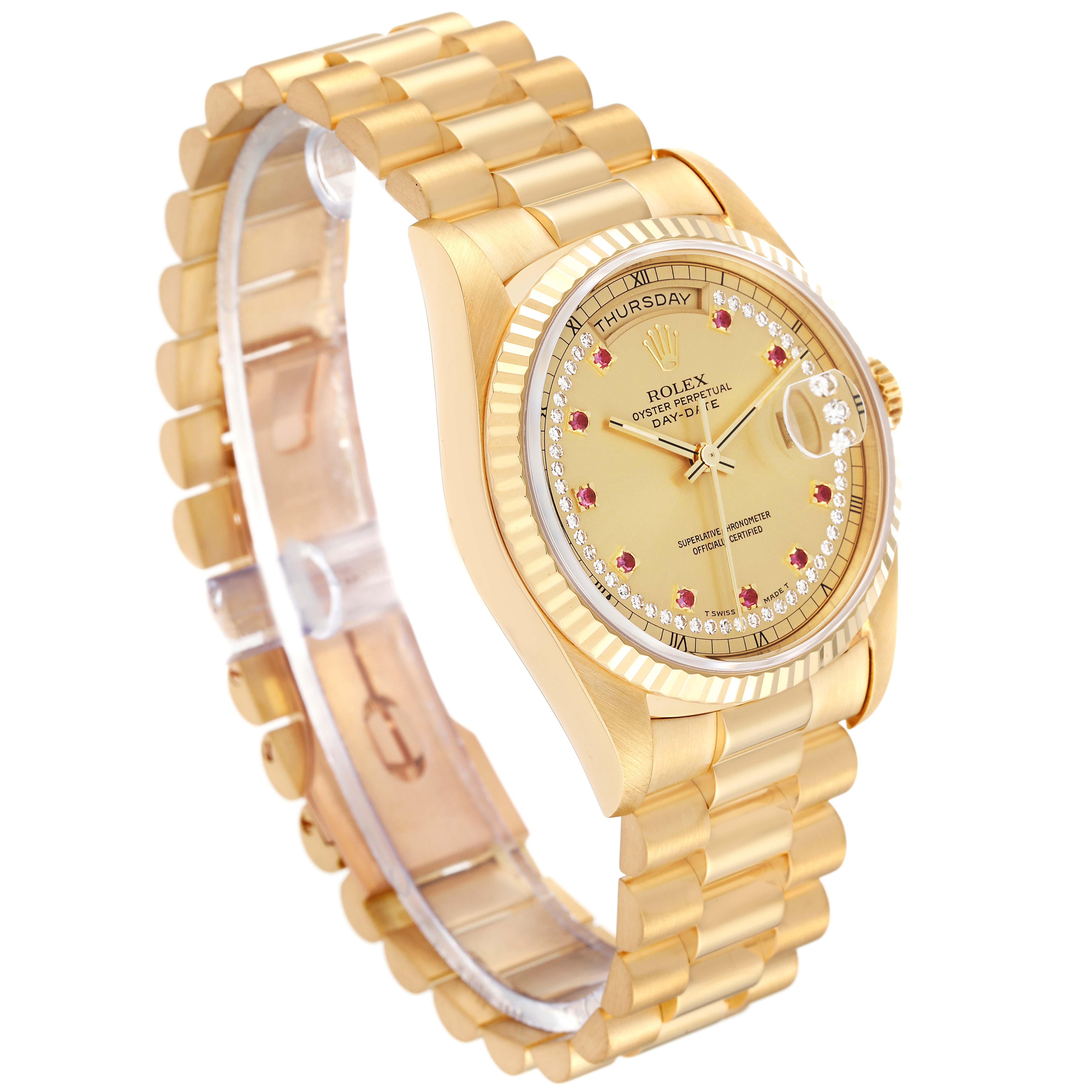 The Rolex President 18238LR Men's Yellow Gold Champagne Dial 18238LR Men's Yellow Gold Champagne Dial model watch is shown at an angled side view, highlighting its gold bracelet, dial, and fluted bezel.