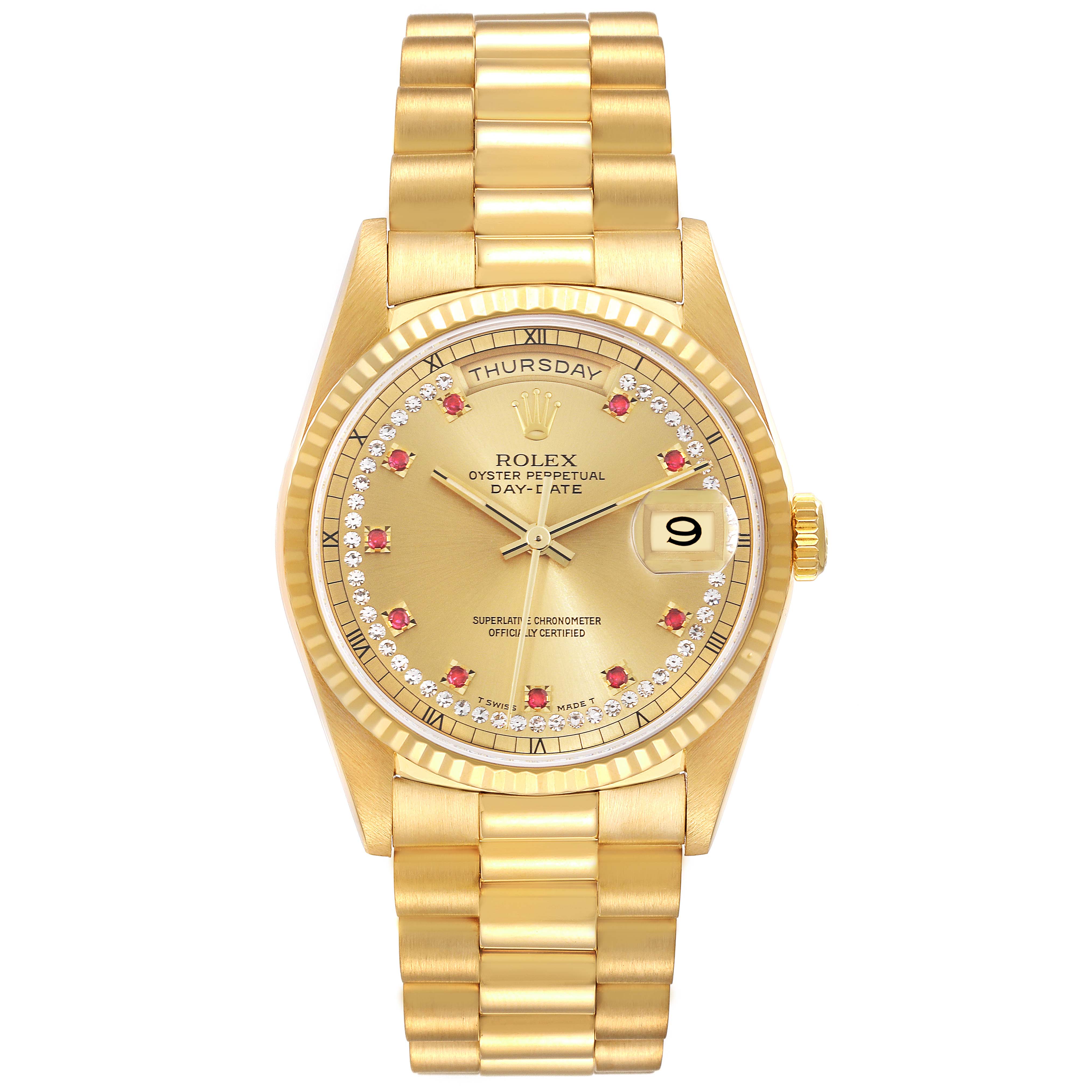 The image shows a frontal view of a gold Rolex President 18238LR Men's Yellow Gold Champagne Dial 18238LR Men's Yellow Gold Champagne Dial Day-Date watch, displaying the bracelet, dial, and case.
