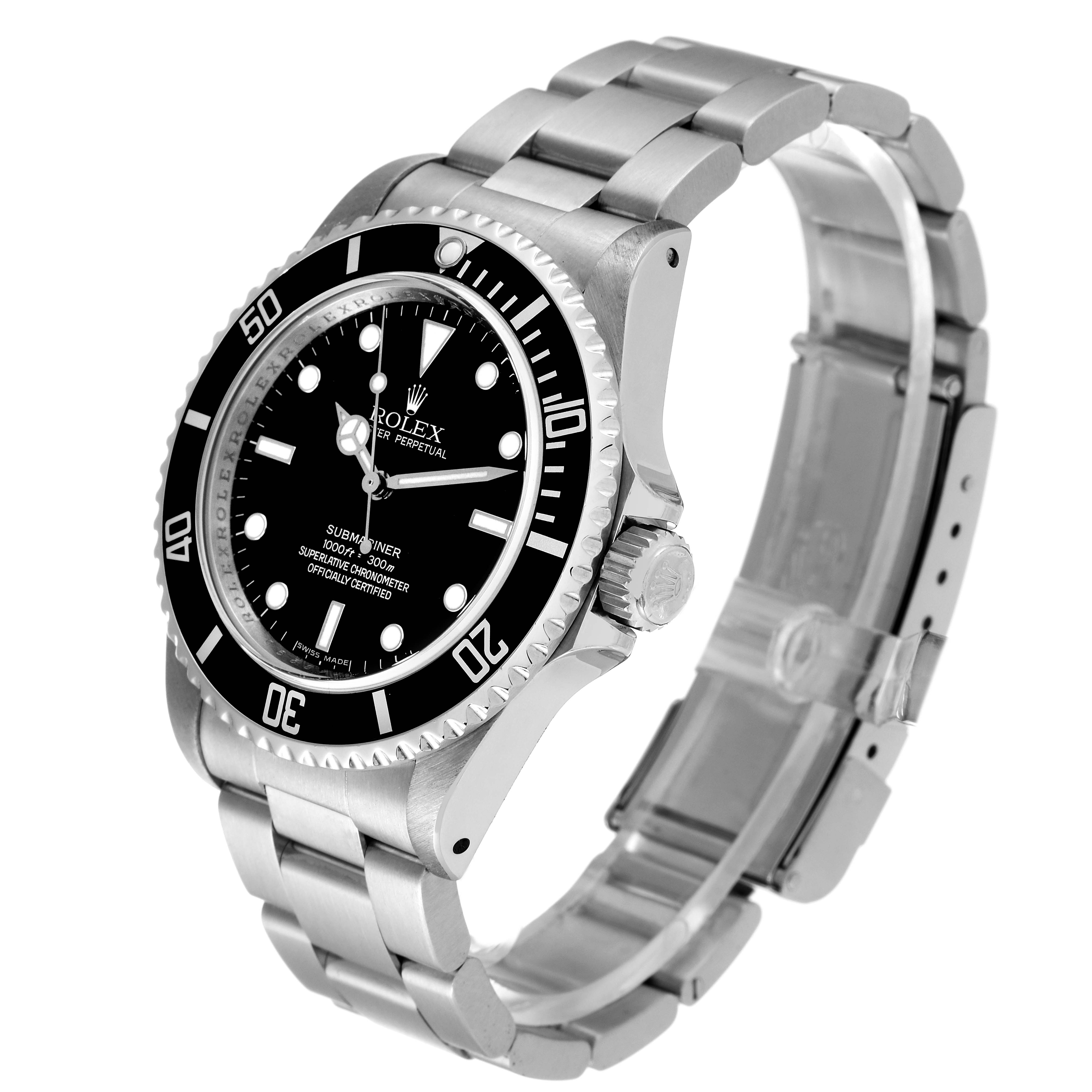 The image shows a Rolex Submariner 14060M Men
s Stainless Steel Black Dial 14060M Men
s Stainless Steel Black Dial watch at an oblique angle, displaying the face, bezel, crown, and bracelet.