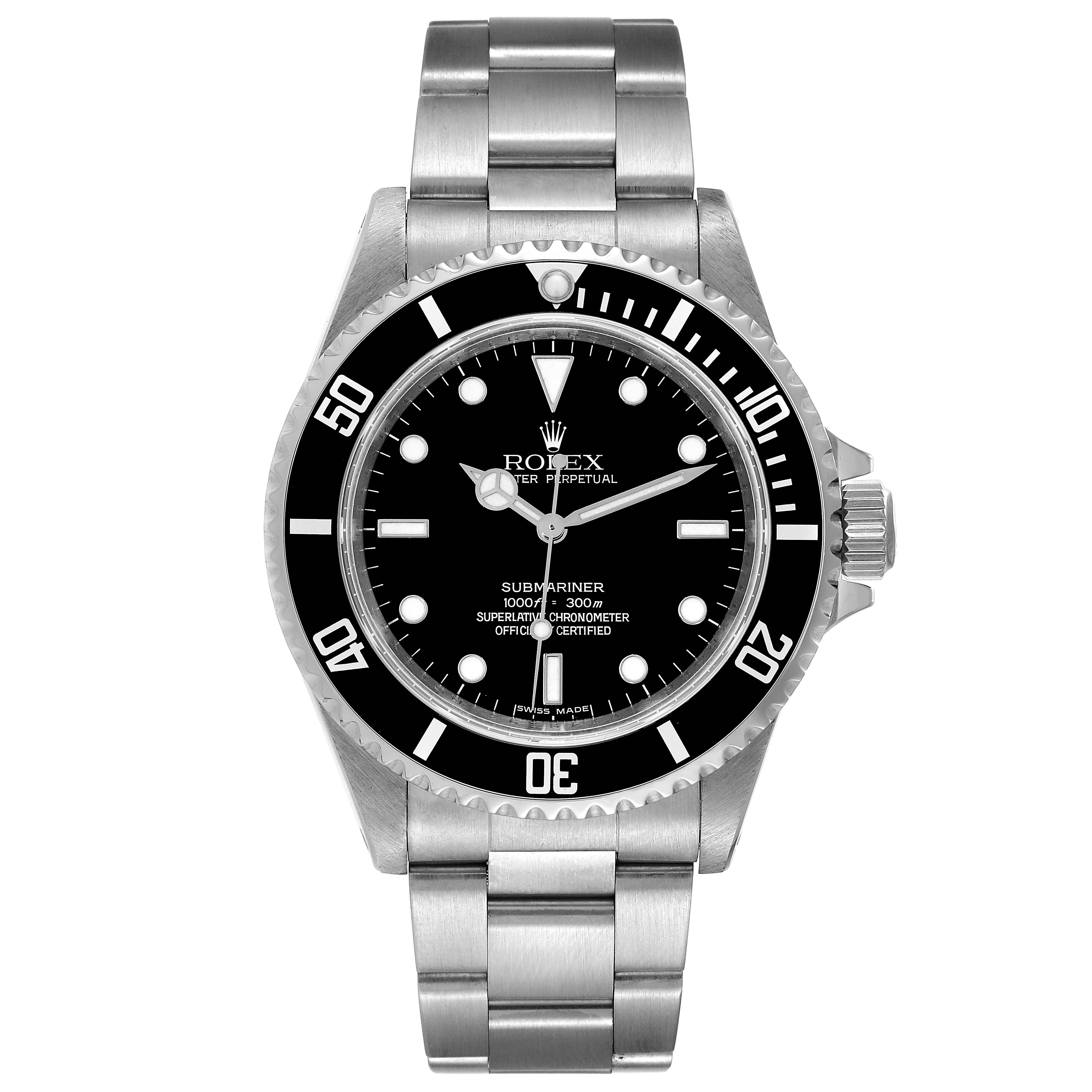 This image shows a front view of the Rolex Submariner 14060M Men
s Stainless Steel Black Dial 14060M Men
s Stainless Steel Black Dial watch, highlighting its face, bezel, crown, and bracelet.