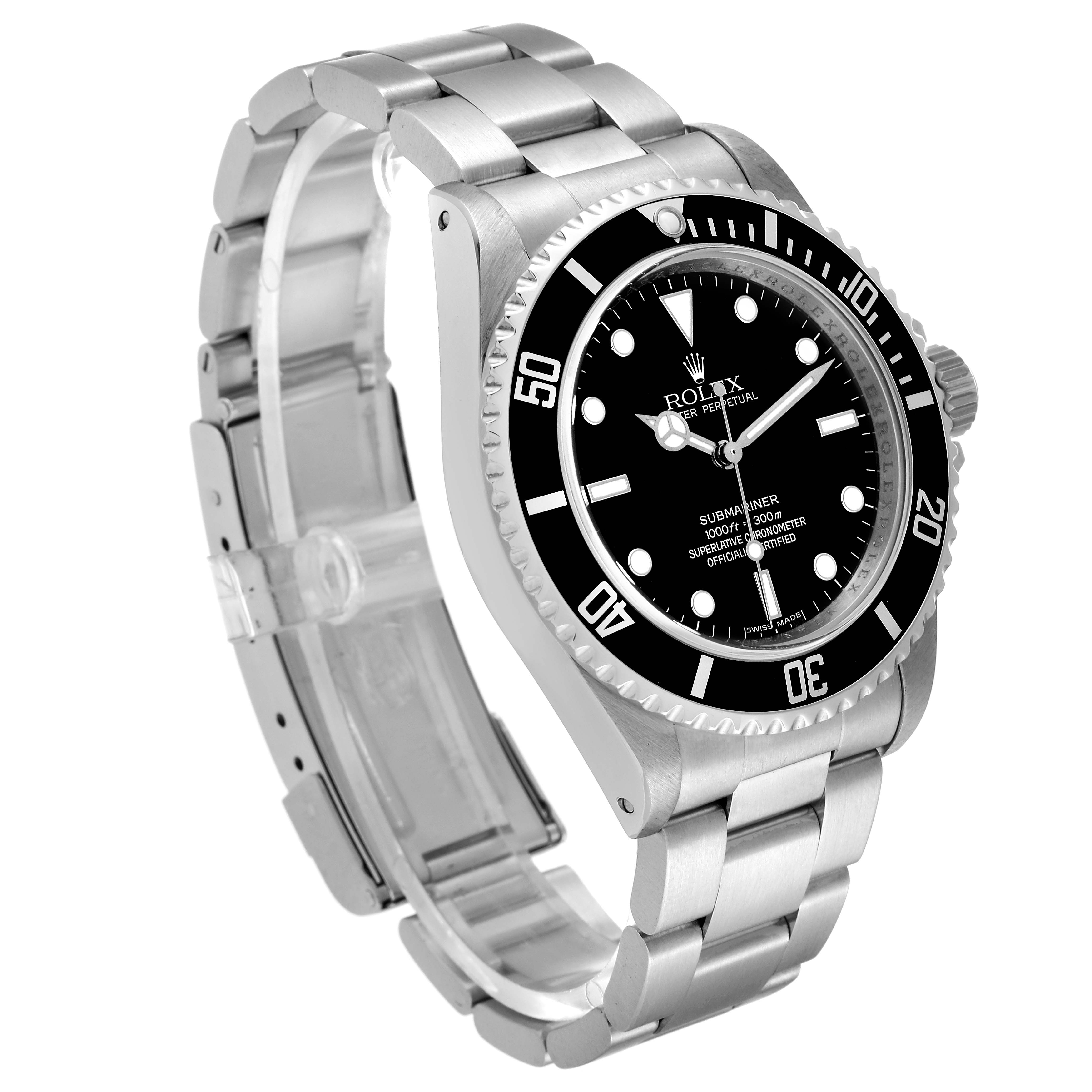 The image shows a Rolex Submariner 14060M Men
s Stainless Steel Black Dial 14060M Men
s Stainless Steel Black Dial from a front-left angle, displaying the bezel, dial, and bracelet.