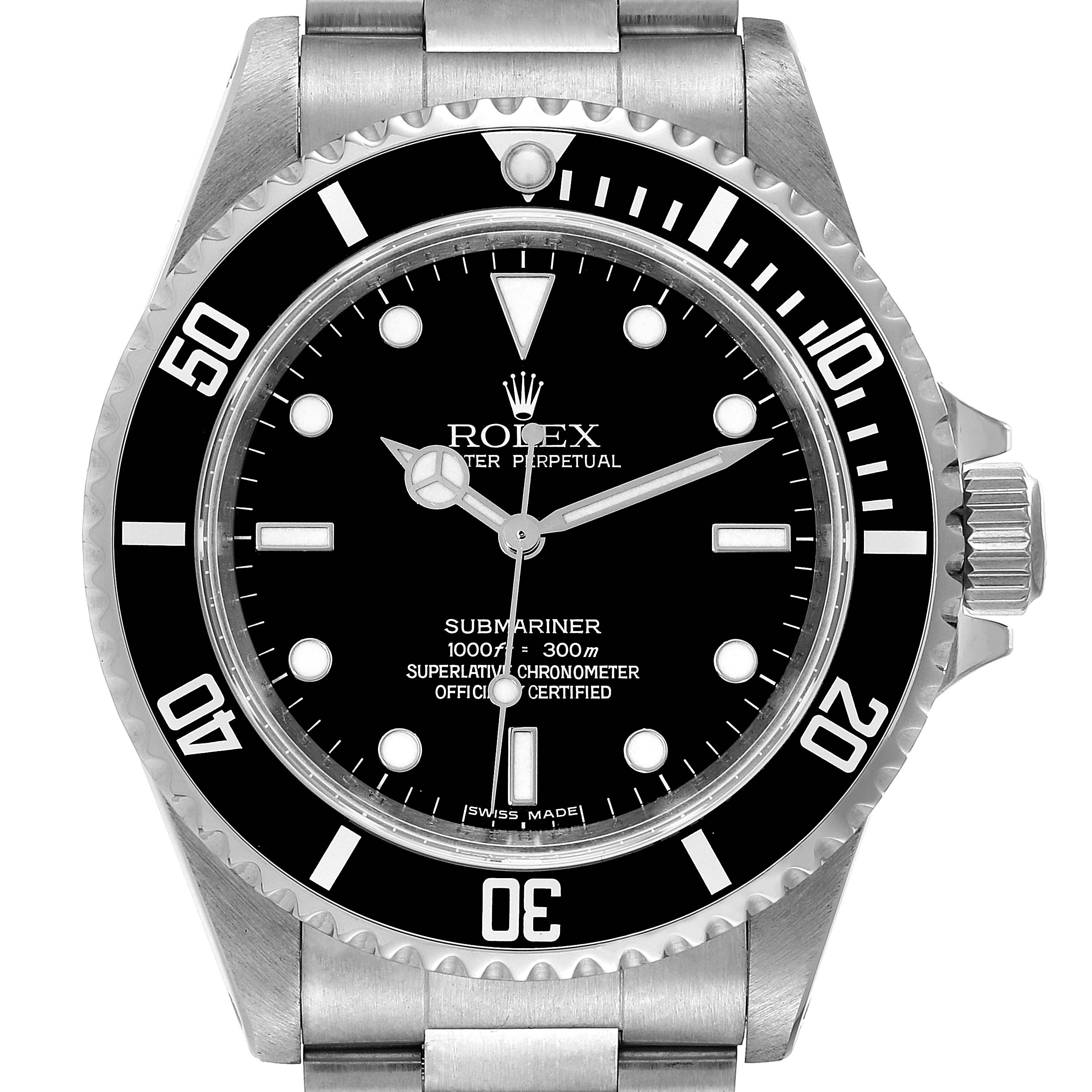 This image shows a front view of a Rolex Submariner 14060M Men
s Stainless Steel Black Dial 14060M Men
s Stainless Steel Black Dial watch, highlighting the dial, bezel, and part of the bracelet.