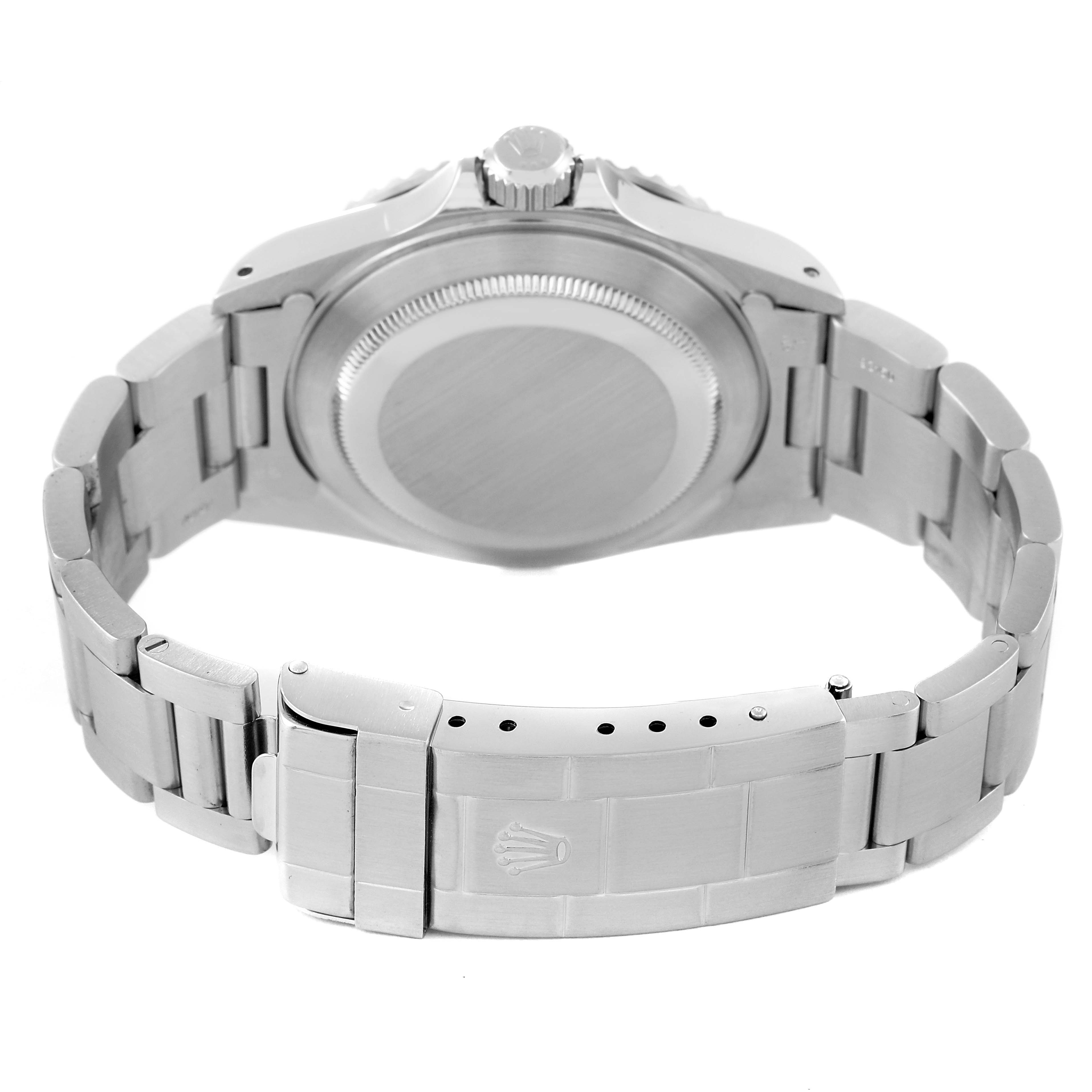 The image shows the back view of a Rolex Submariner 14060M Men
s Stainless Steel Black Dial 14060M Men
s Stainless Steel Black Dial, highlighting the case back, bracelet, and clasp.