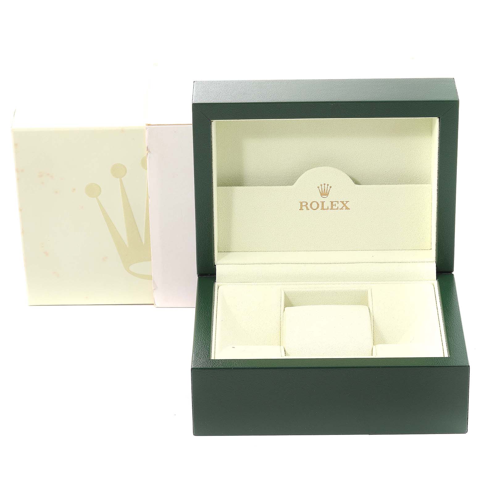 This image shows a green Rolex watch box and an outer box for the Rolex Submariner 14060M Men
s Stainless Steel Black Dial 14060M Men
s Stainless Steel Black Dial model, with the inner lining and cushion.