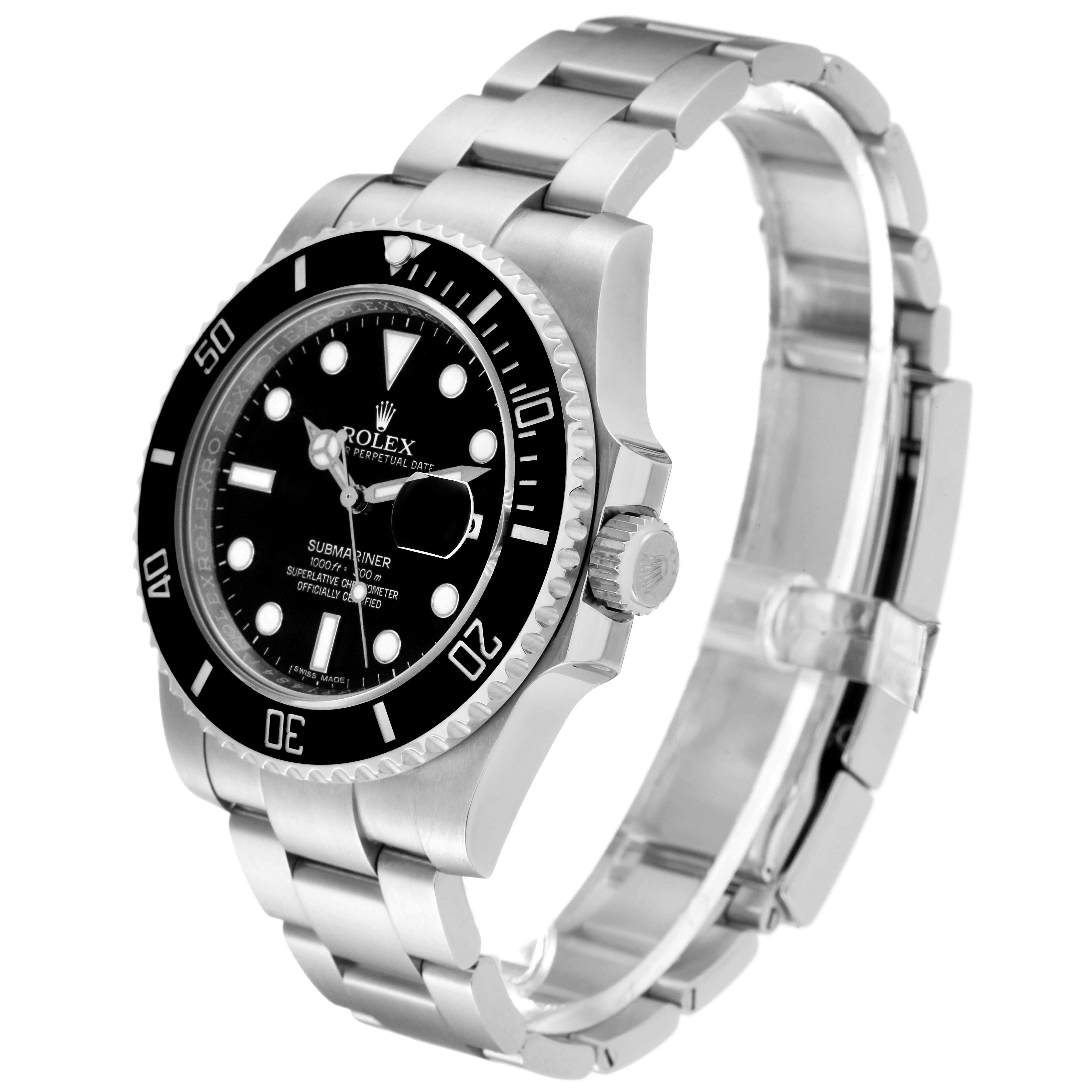The image shows a side angle view of a Rolex Submariner 116610 Men's Stainless Steel Black Dial 116610 Men's Stainless Steel Black Dial watch, highlighting the dial, bezel, crown, and bracelet.