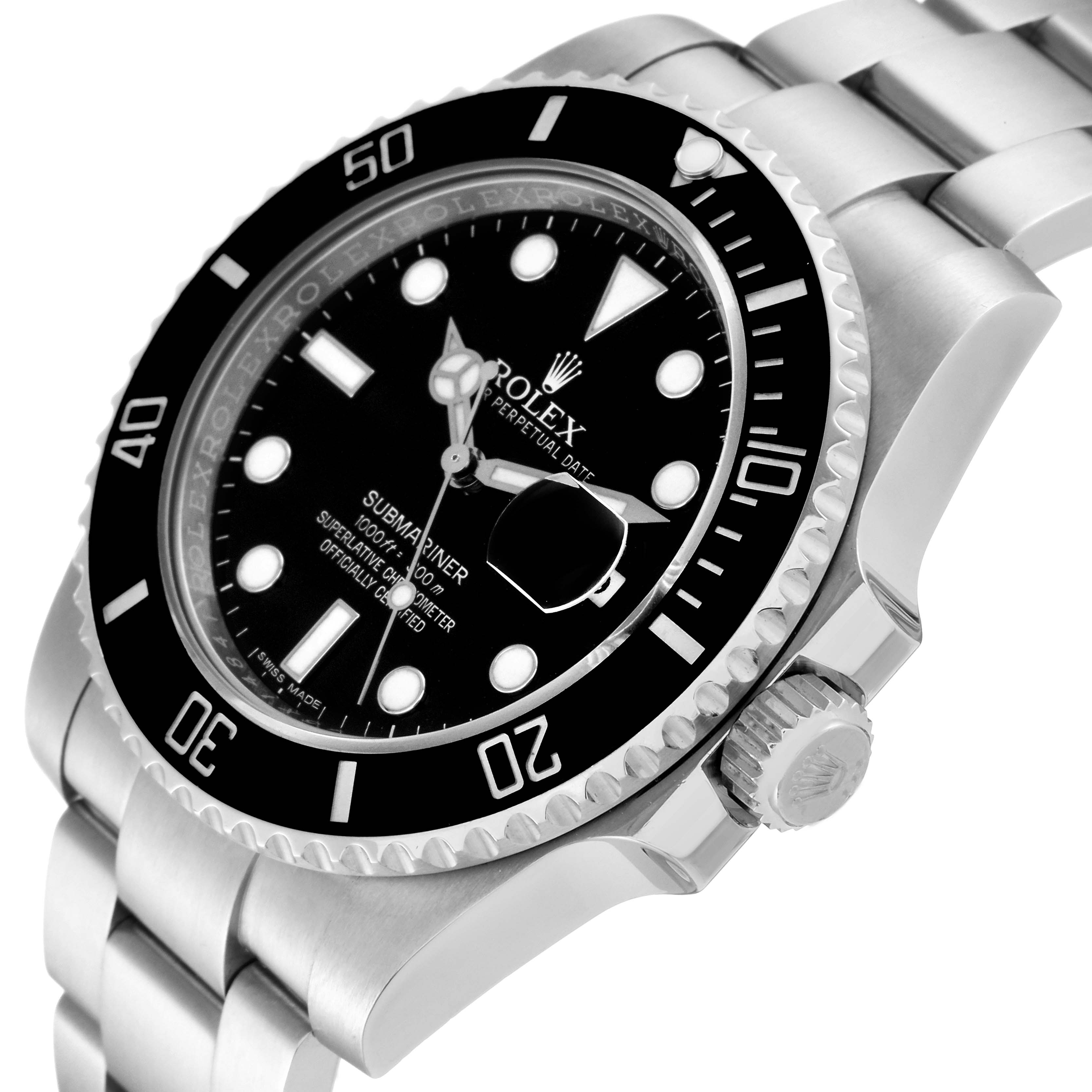 This Rolex Submariner 116610 Men's Stainless Steel Black Dial 116610 Men's Stainless Steel Black Dial watch is shown from an angled side view highlighting the bezel, dial, and bracelet.