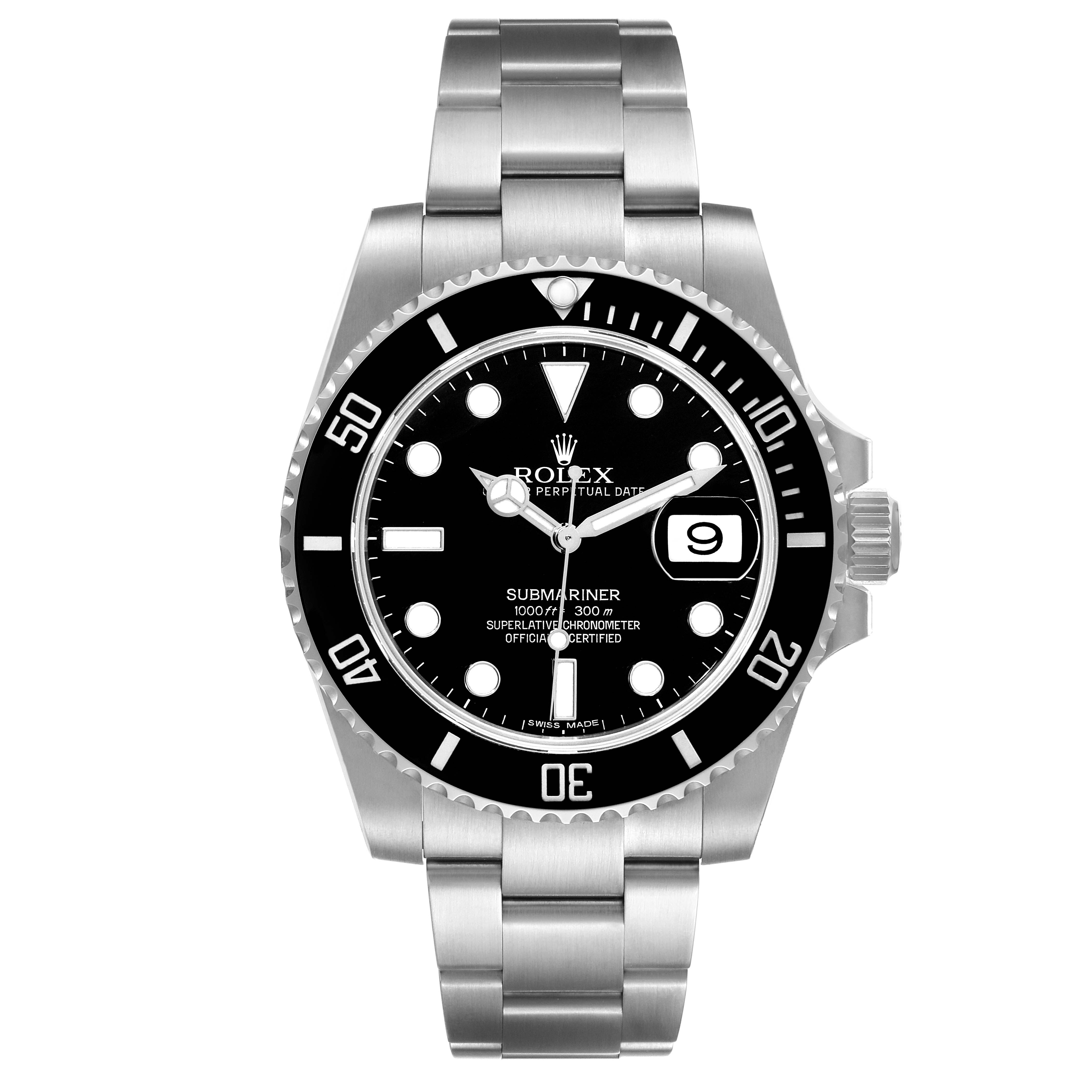 The image shows a front view of a Rolex Submariner 116610 Men's Stainless Steel Black Dial 116610 Men's Stainless Steel Black Dial watch, displaying its face, bezel, crown, and bracelet.