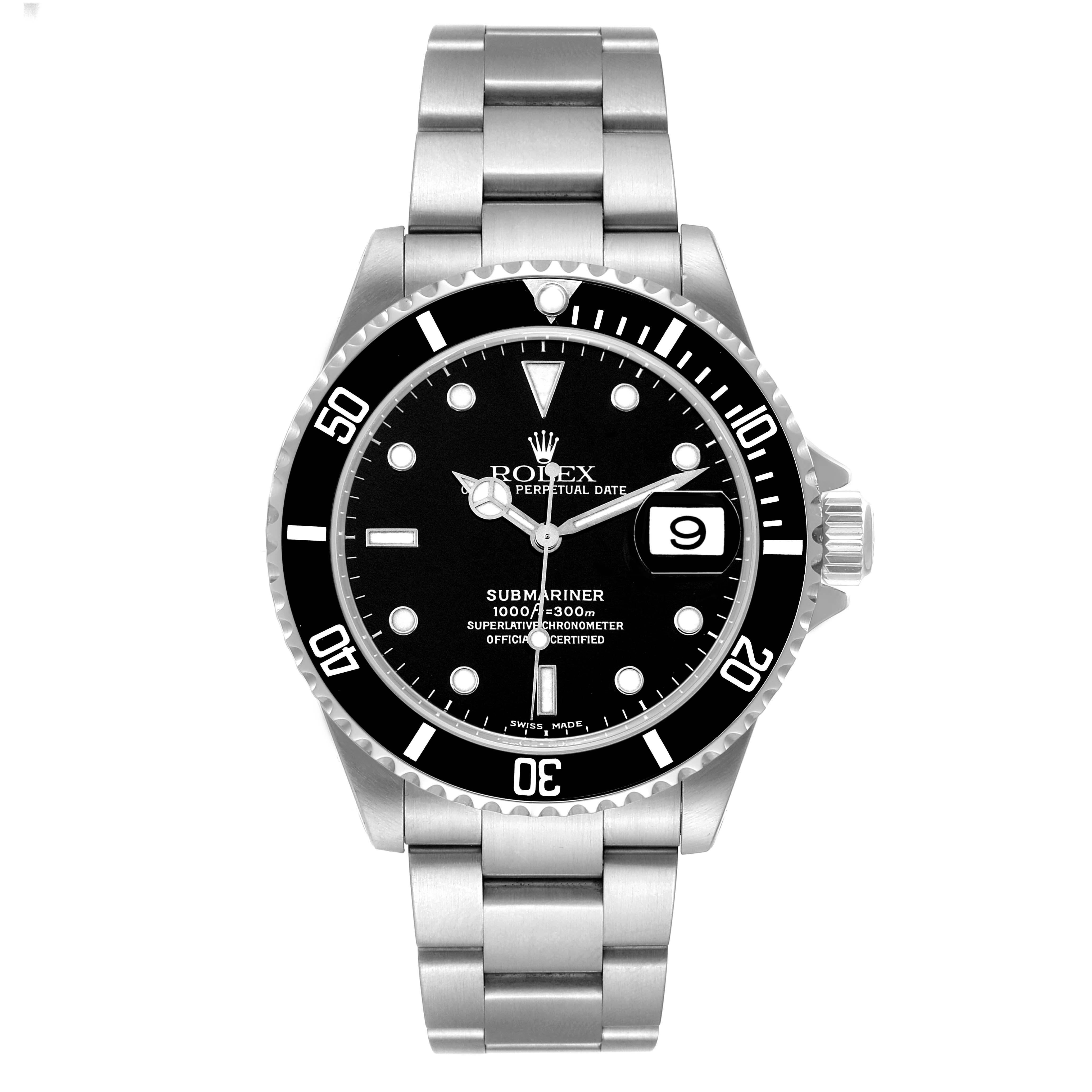 This image shows a front view of the Rolex Submariner 16610 Men
s Stainless Steel Black Dial 16610 Men
s Stainless Steel Black Dial watch, displaying its dial, bezel, and stainless steel bracelet.