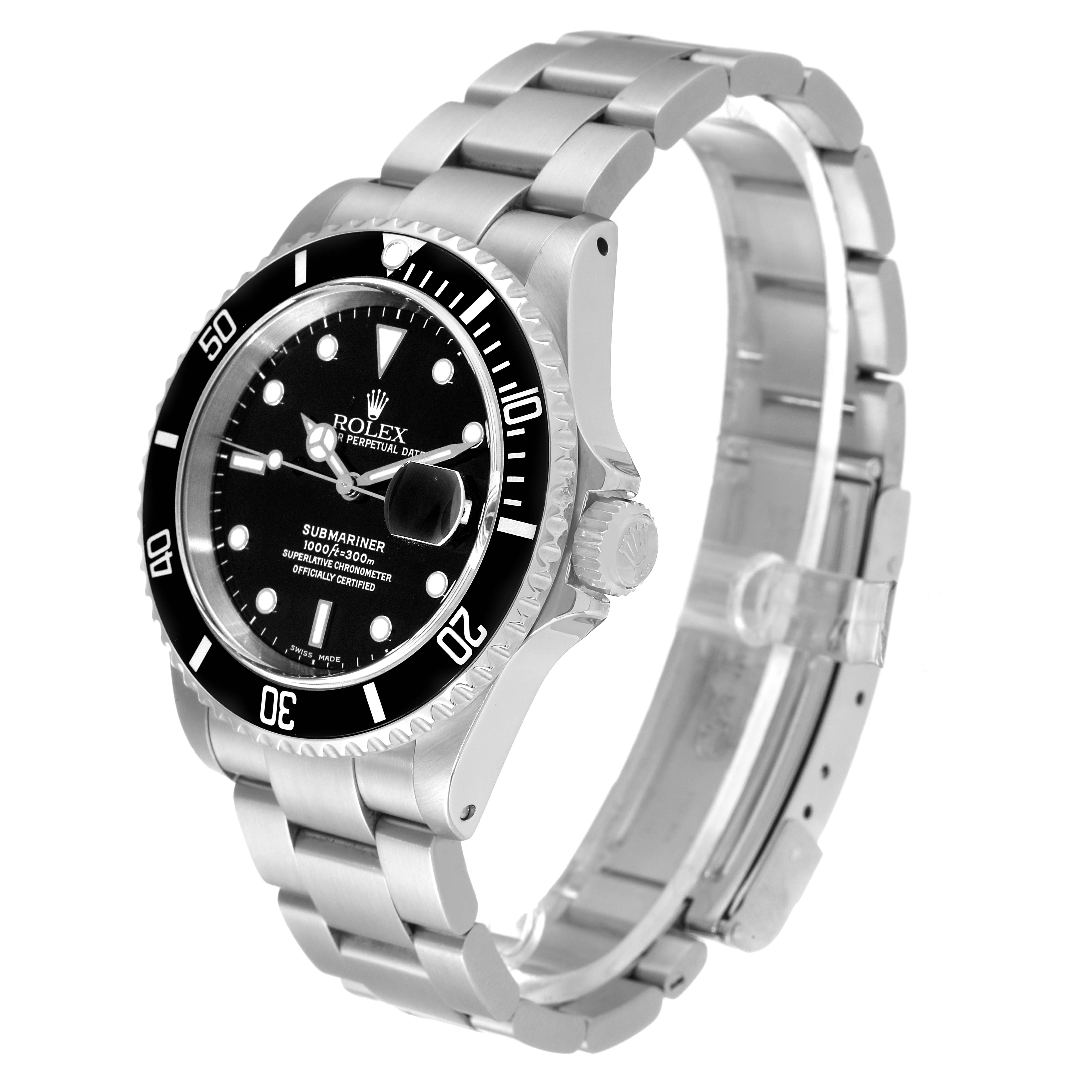 The image shows a Rolex Submariner 16610 Men
s Stainless Steel Black Dial 16610 Men
s Stainless Steel Black Dial watch from an angled side view, displaying the dial, bezel, crown, and bracelet.