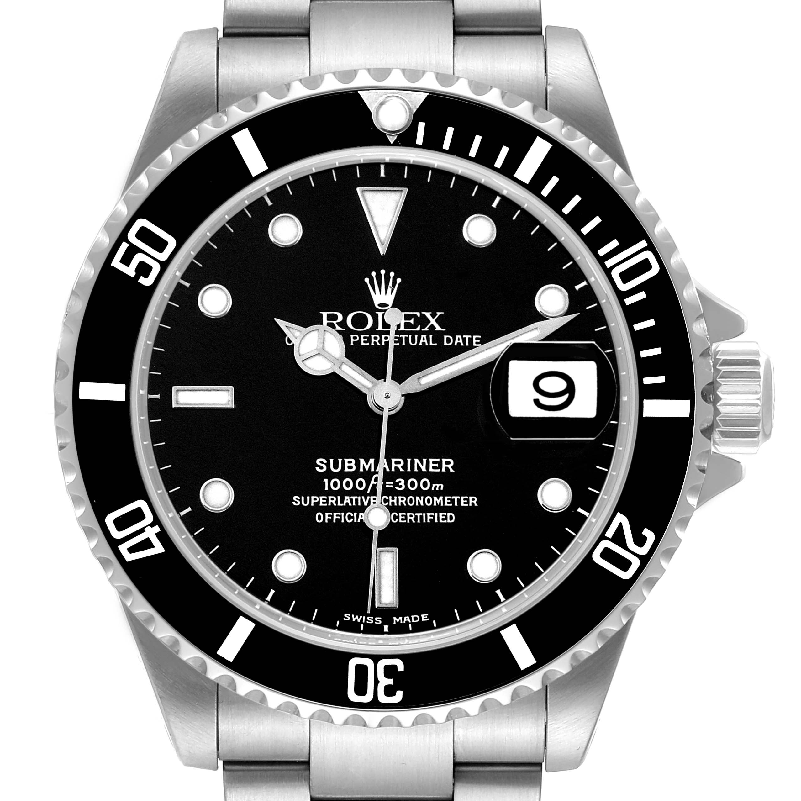 The image shows a front view of the Rolex Submariner 16610 Men
s Stainless Steel Black Dial 16610 Men
s Stainless Steel Black Dial watch, highlighting its black dial, bezel, and date window.