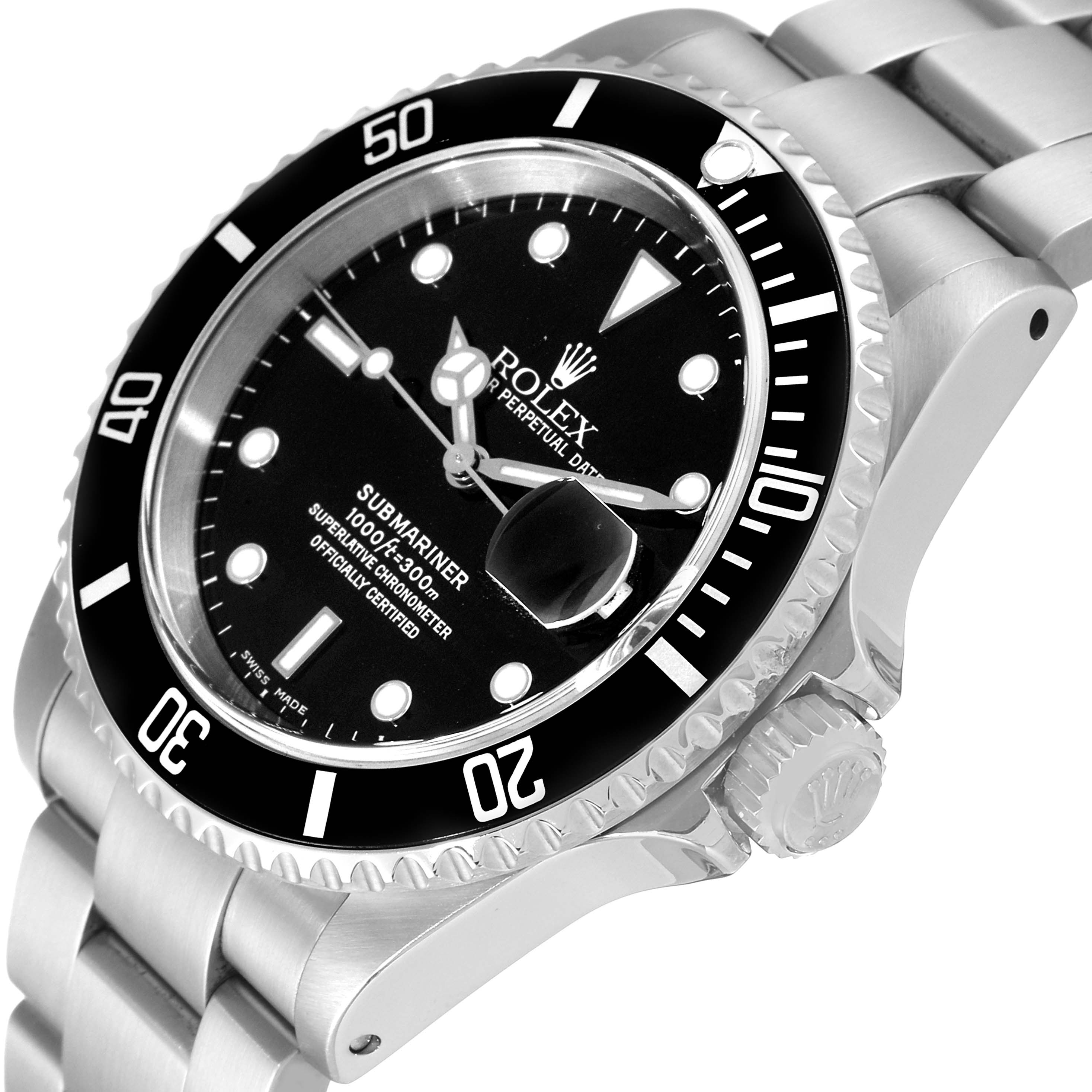 The image shows a close-up side view of the Rolex Submariner 16610 Men
s Stainless Steel Black Dial 16610 Men
s Stainless Steel Black Dial, highlighting the bezel, dial, date magnifier, and crown.