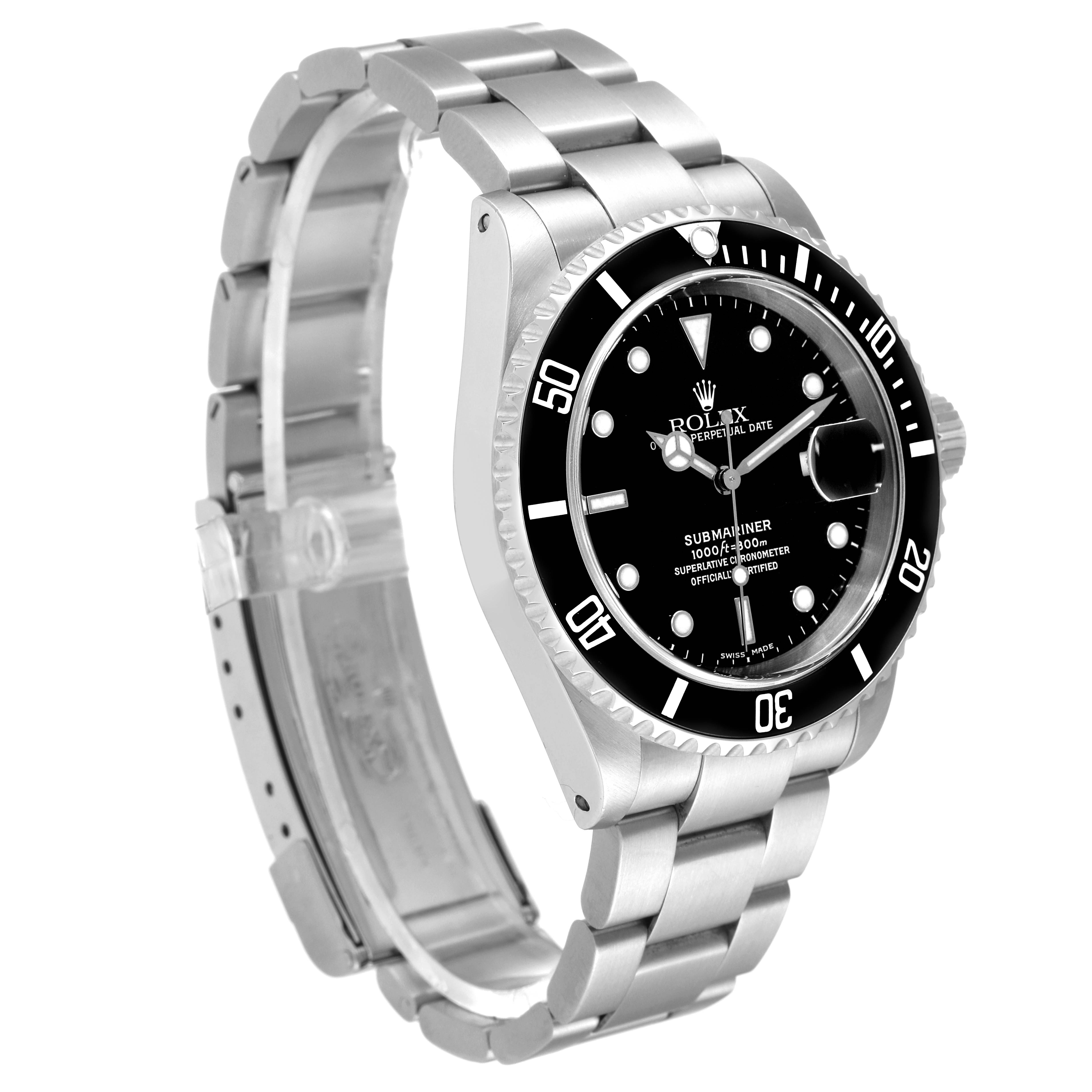 The Rolex Submariner 16610 Men
s Stainless Steel Black Dial 16610 Men
s Stainless Steel Black Dial watch is shown at a front-side angle, highlighting the bezel, dial, and the full bracelet.