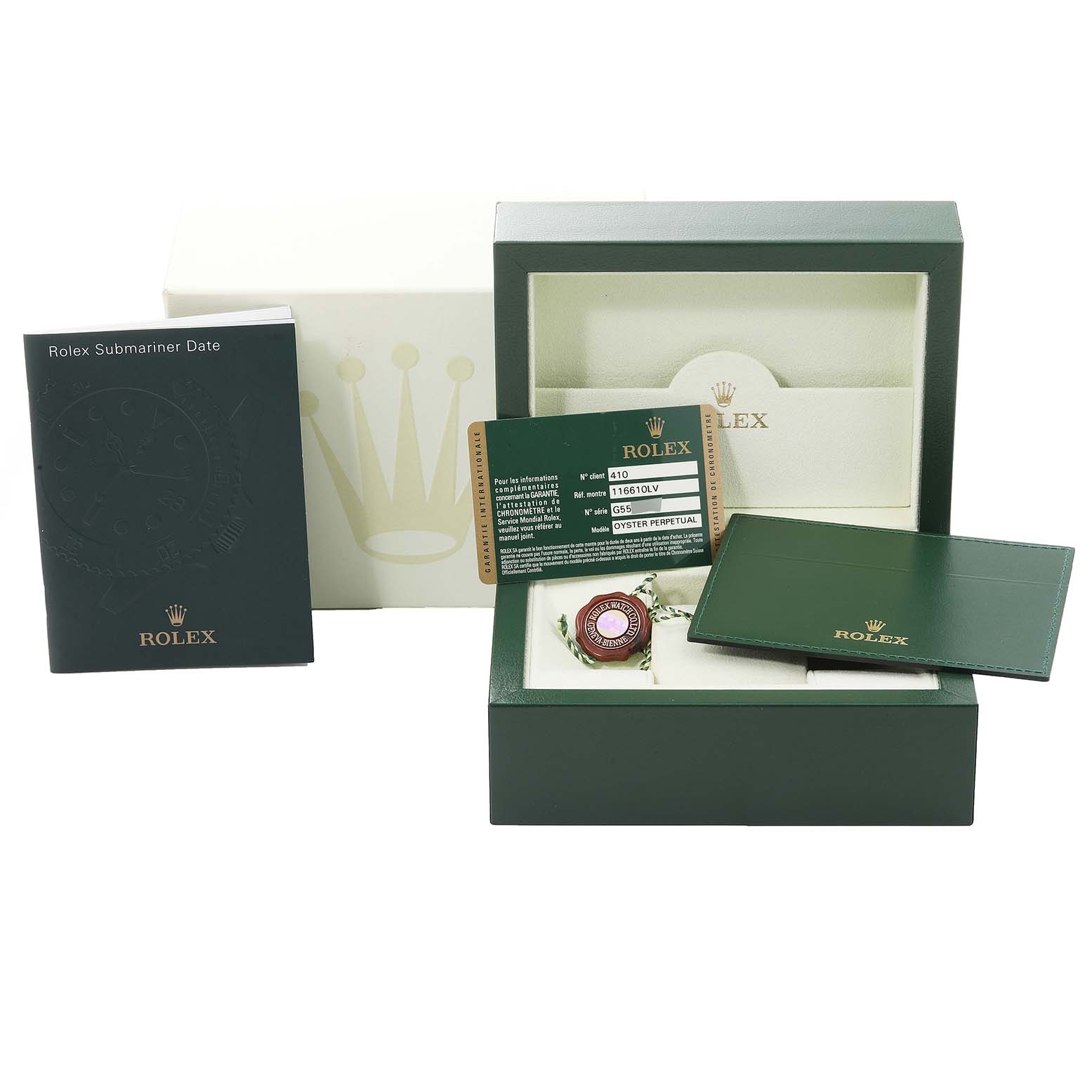 This image shows a Rolex Submariner 116610LV Men
s Stainless Steel Green Dial 116610LV Men
s Stainless Steel Green Dial watch packaging including the box, warranty card, manual, and tags.