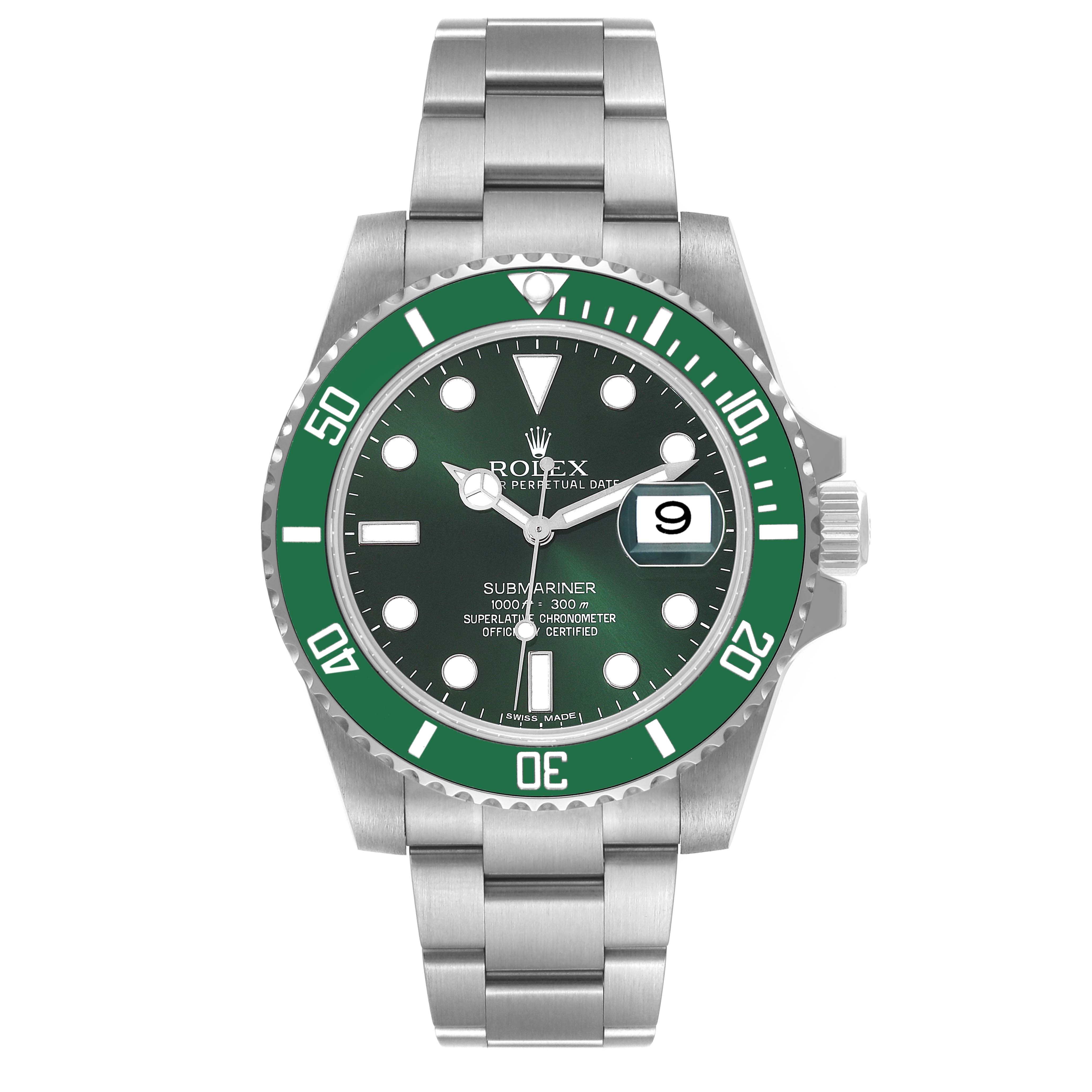 This image shows a front view of a Rolex Submariner 116610LV Men
s Stainless Steel Green Dial 116610LV Men
s Stainless Steel Green Dial model watch showcasing its dial, bezel, and bracelet.