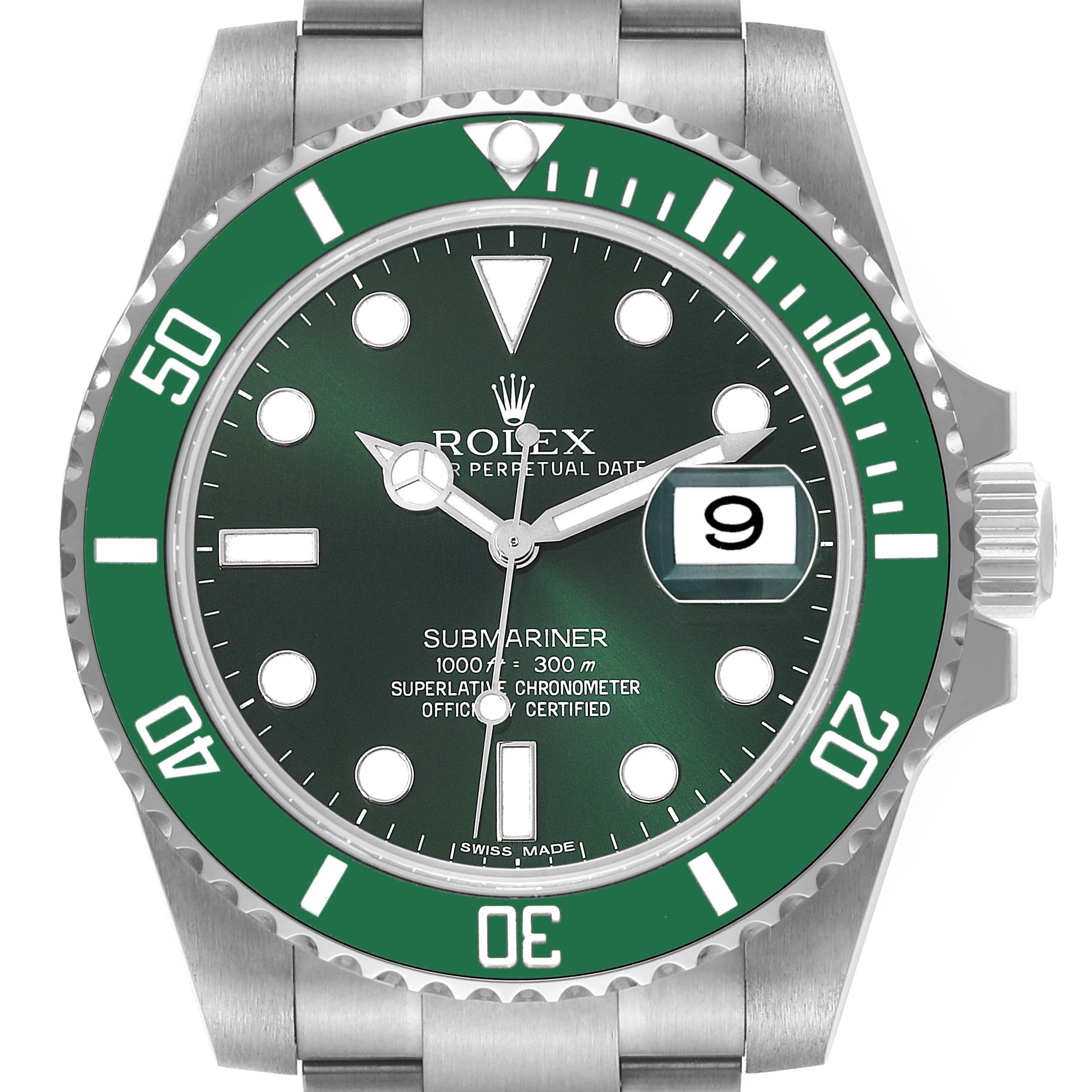 This image shows a front view of a Rolex Submariner 116610LV Men
s Stainless Steel Green Dial 116610LV Men
s Stainless Steel Green Dial watch, highlighting the green bezel, dial, and date window.