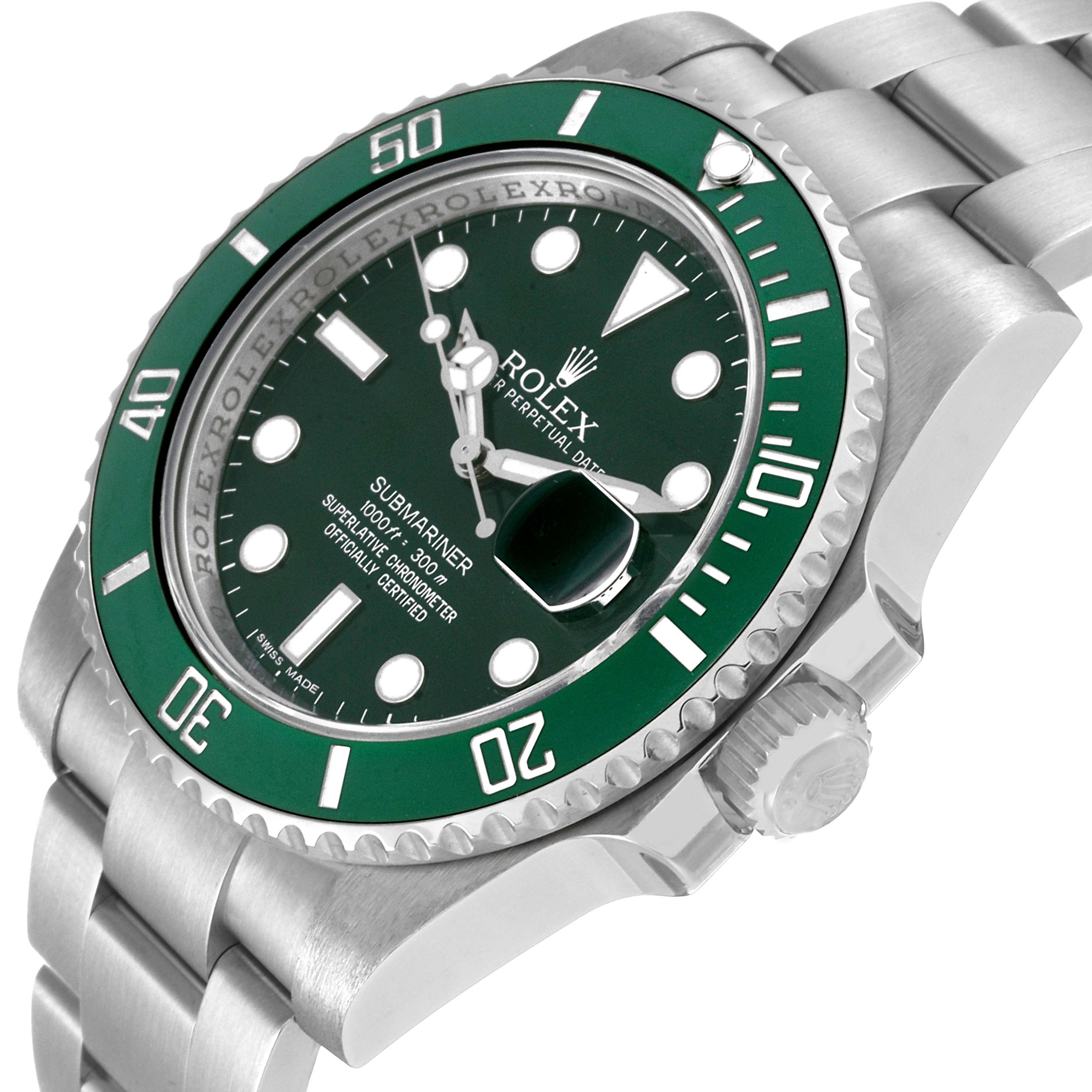 The image shows a Rolex Submariner 116610LV Men
s Stainless Steel Green Dial 116610LV Men
s Stainless Steel Green Dial angled from the front-left, displaying the green bezel, dial, and part of the bracelet.