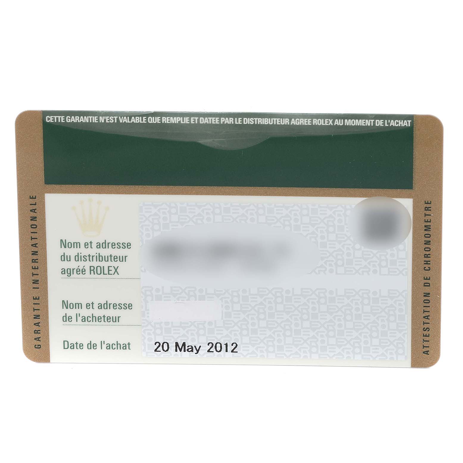 The image shows a warranty card for a Rolex Submariner 116610LV Men
s Stainless Steel Green Dial 116610LV Men
s Stainless Steel Green Dial watch, issued on 20 May 2012.