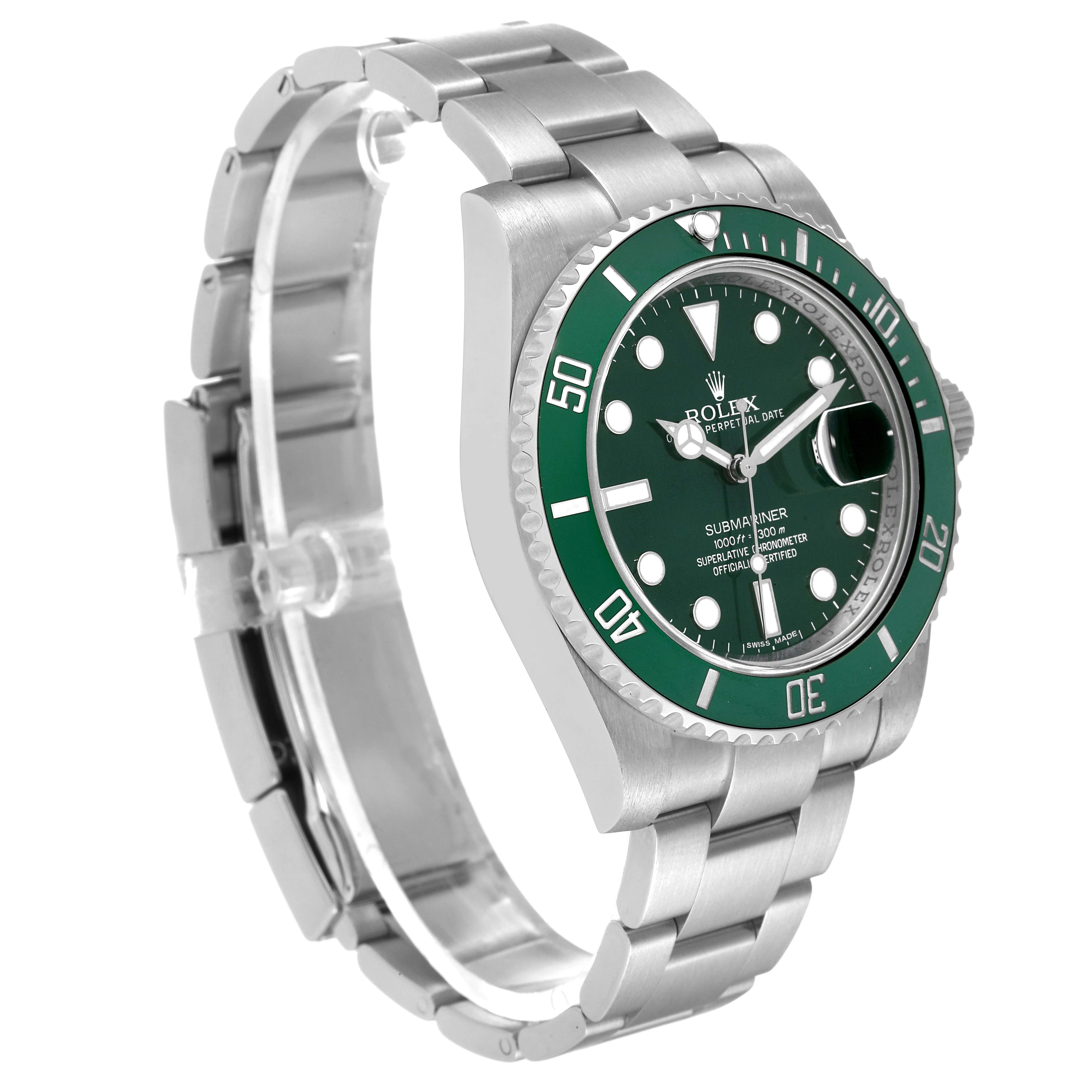 The Rolex Submariner 116610LV Men
s Stainless Steel Green Dial 116610LV Men
s Stainless Steel Green Dial watch is depicted at a side angle, showing the green bezel, dial, and stainless steel bracelet.