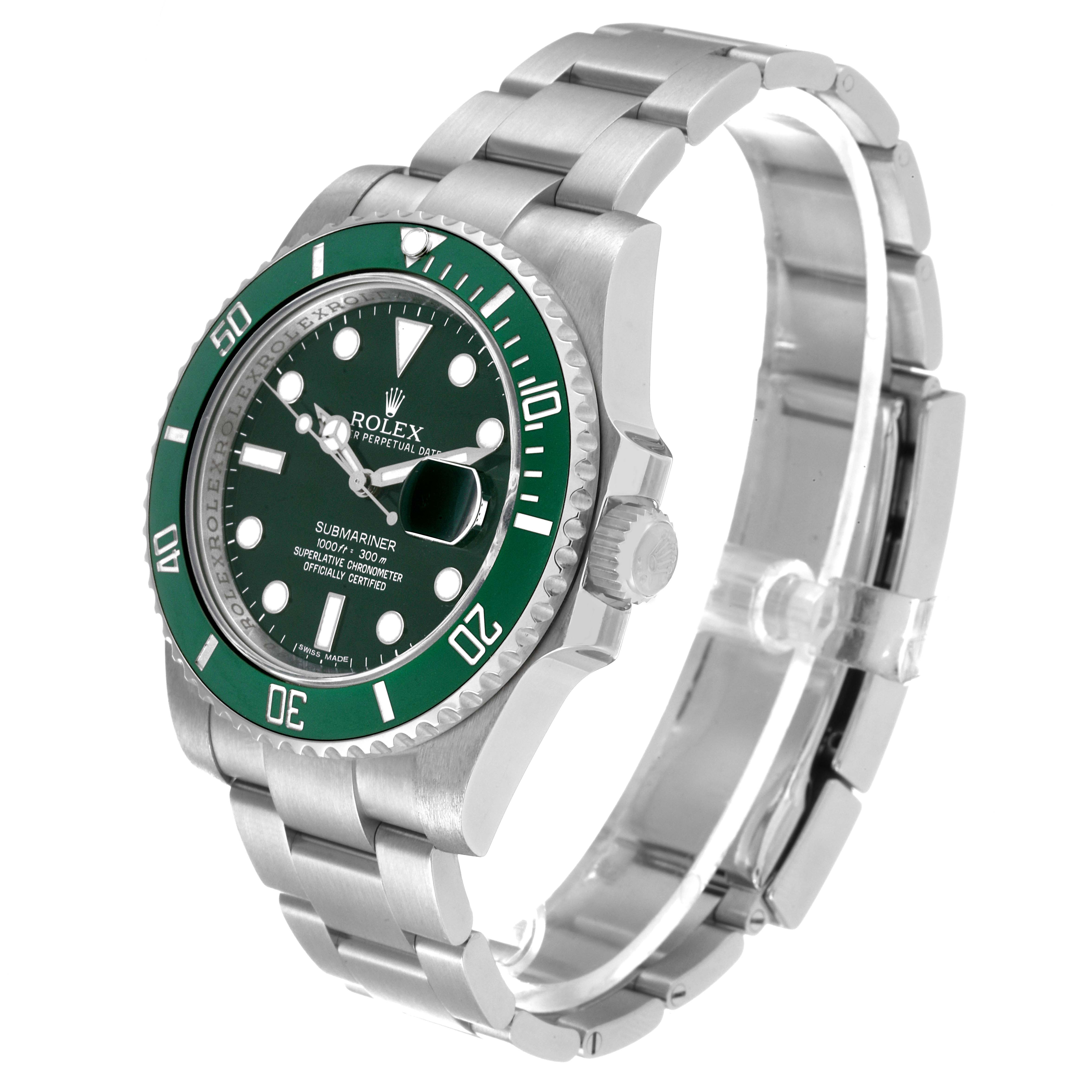 The image shows a Rolex Submariner 116610LV Men
s Stainless Steel Green Dial 116610LV Men
s Stainless Steel Green Dial watch at a side angle, highlighting the face, bezel, crown, and bracelet.